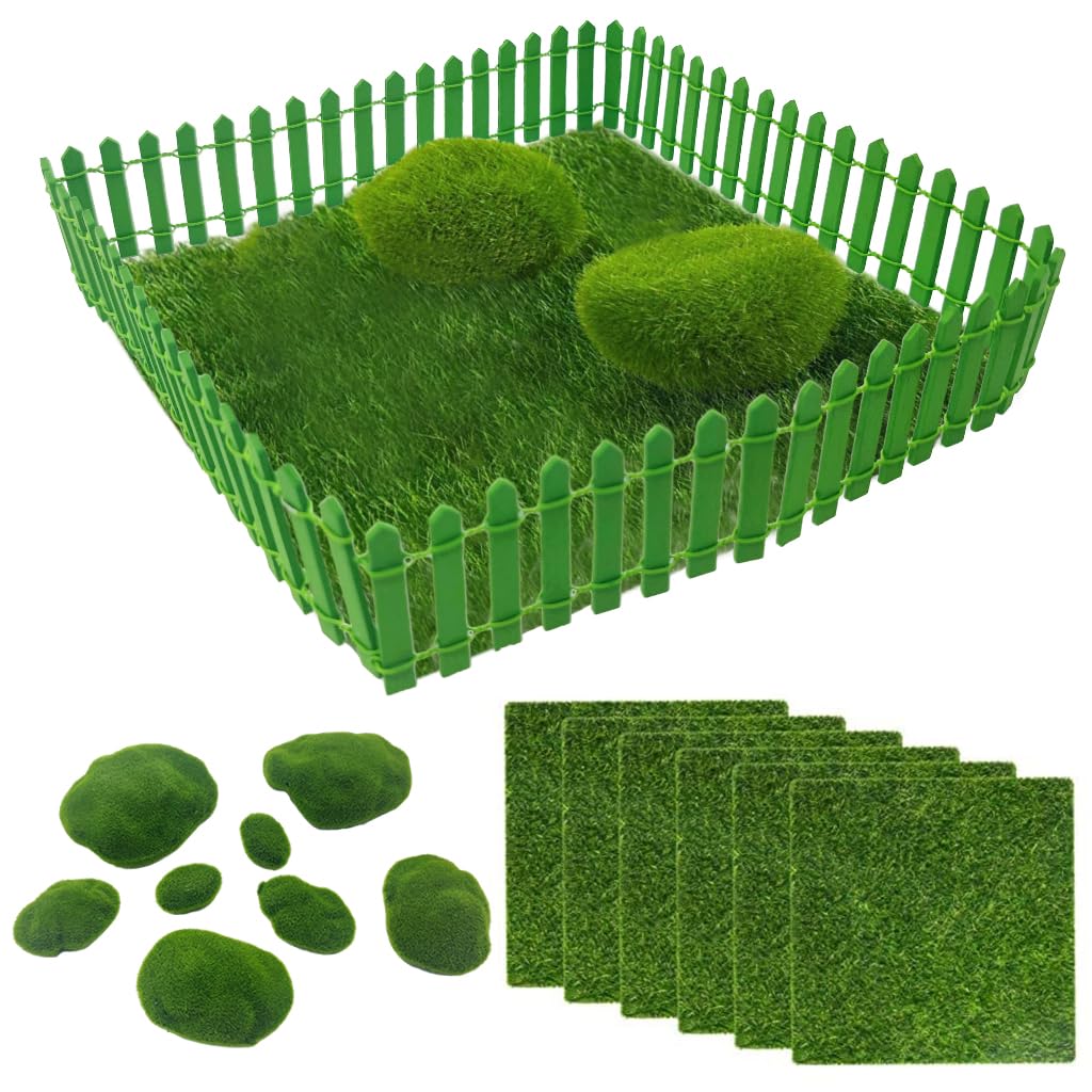 HASTHIP Miniature Fairy Garden Ornaments for DIY Crafting with 24 pcs Set featuring 6×6 in Grass & 4 in White Fences | Ideal for Dollhouse and Home Décor