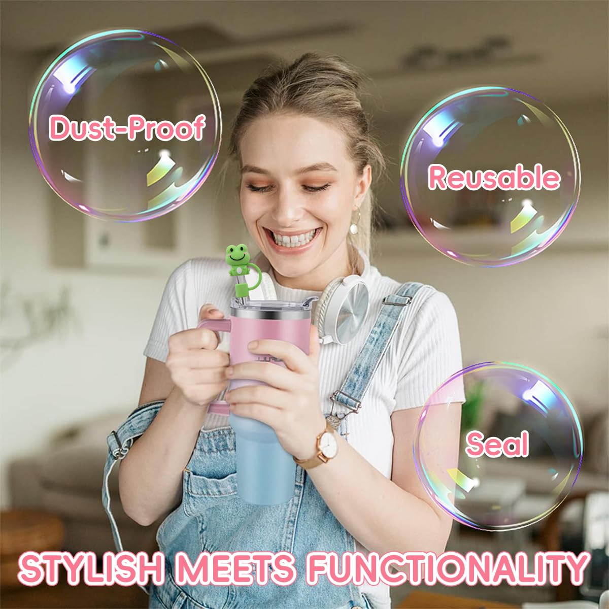 ZIBUYU Cartoon Straw Cap Set for Stanley Cup featuring Anti-Lost Loop & Soft Silicone | 5pcs for 10mm Straws