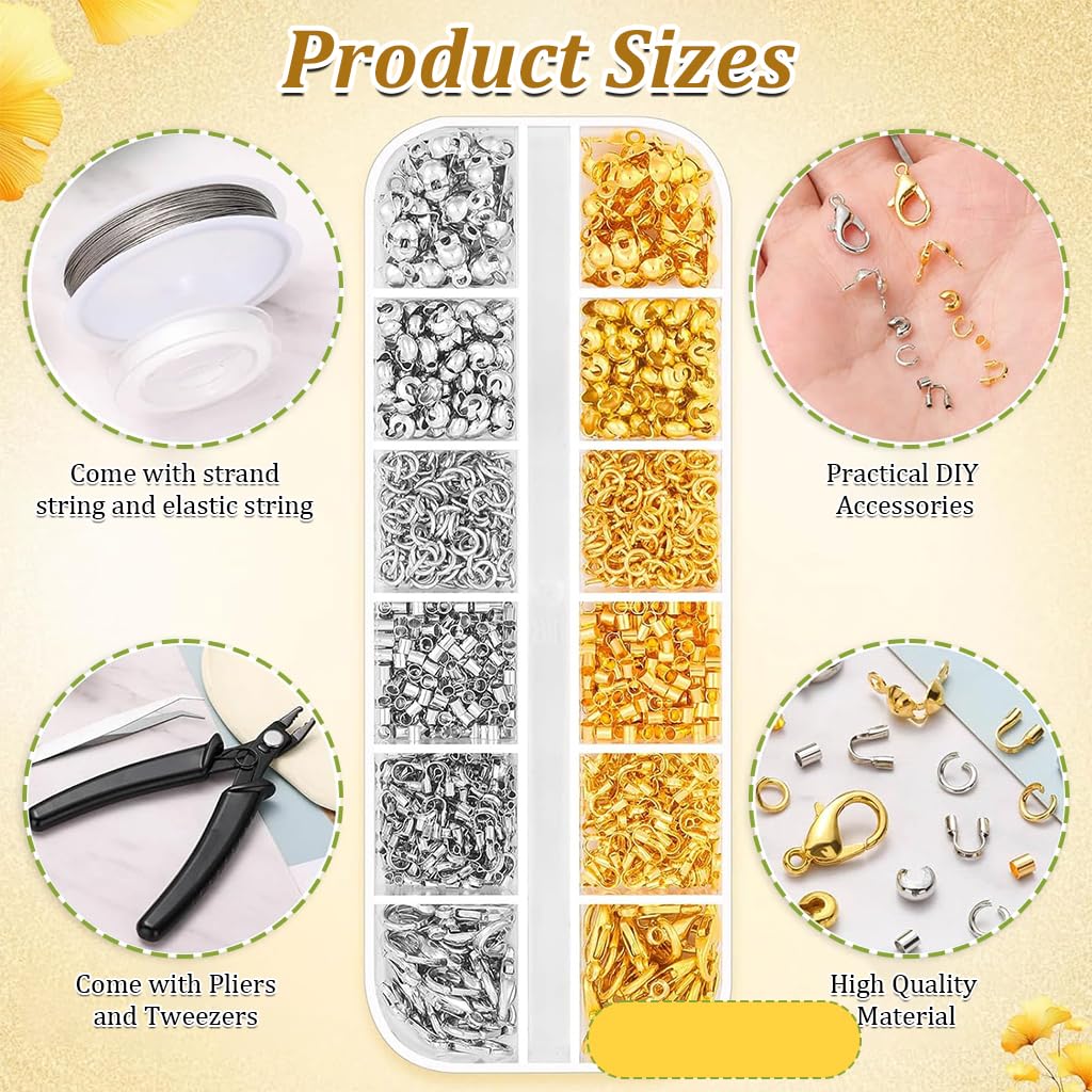 SANNIDHI Crimp Beads for Jewellery Making Kit with 1200 pcs Set & Crimping Pliers | Gold Silver DIY Bracelet and Necklace Supplies