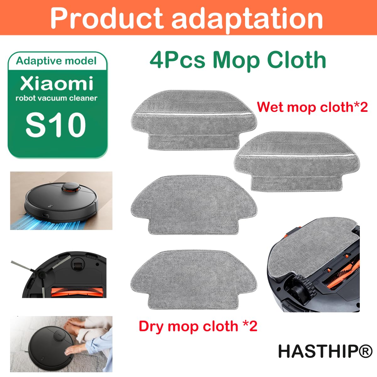 HASTHIP Mop Set for Mi Robot Vacuum Cleaner S10 with Dual Wet and Dry Use | 4Pcs Microfiber Cloths