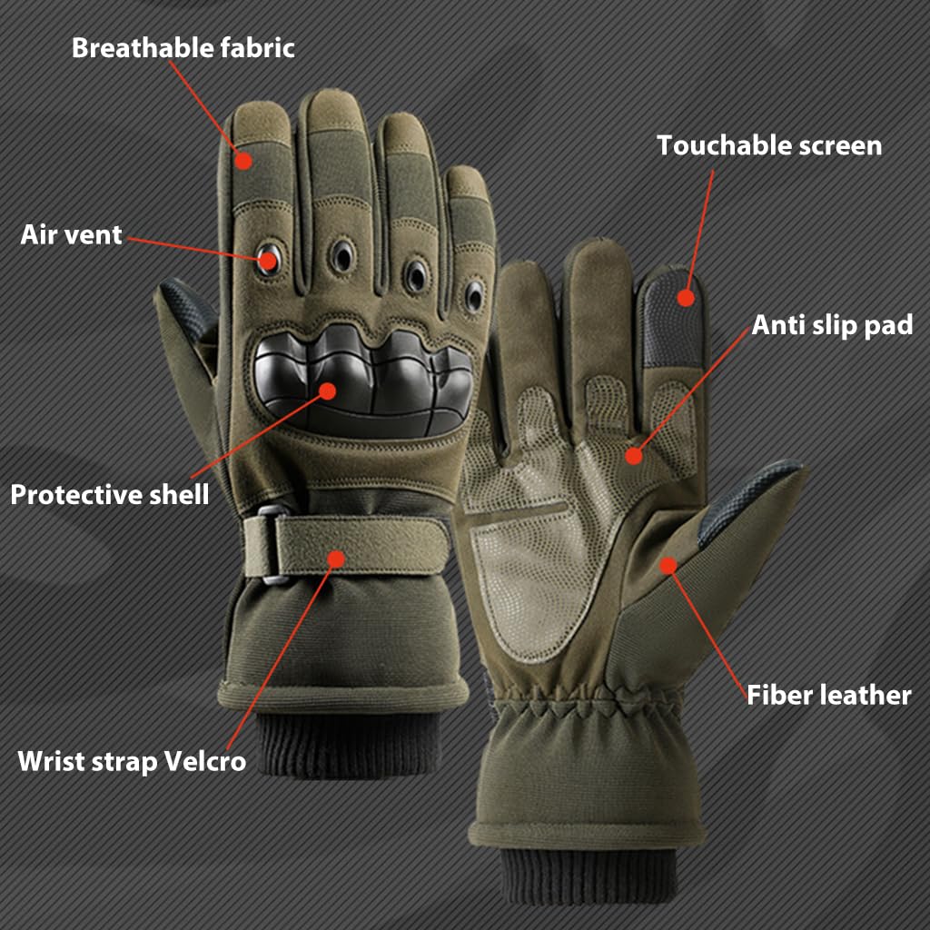 Proberos® Tactical Gloves Men Women Winter Warm Outdoor Gloves Touchscreen Motorcycle Gloves with Hard Knuckle & Plush Lining Tactical Gloves for Cycling Motorcycle Hiking Climbing (XL, Green)