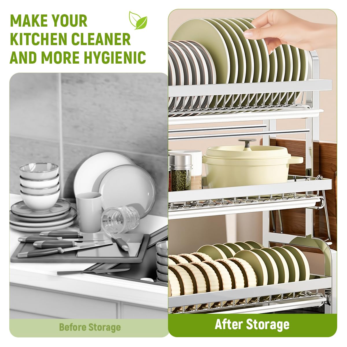 HASTHIP Dish Drying Rack for Kitchen Organization with 3 Layers 43x25x60cm Stainless Steel | Removable Water Catch Tray