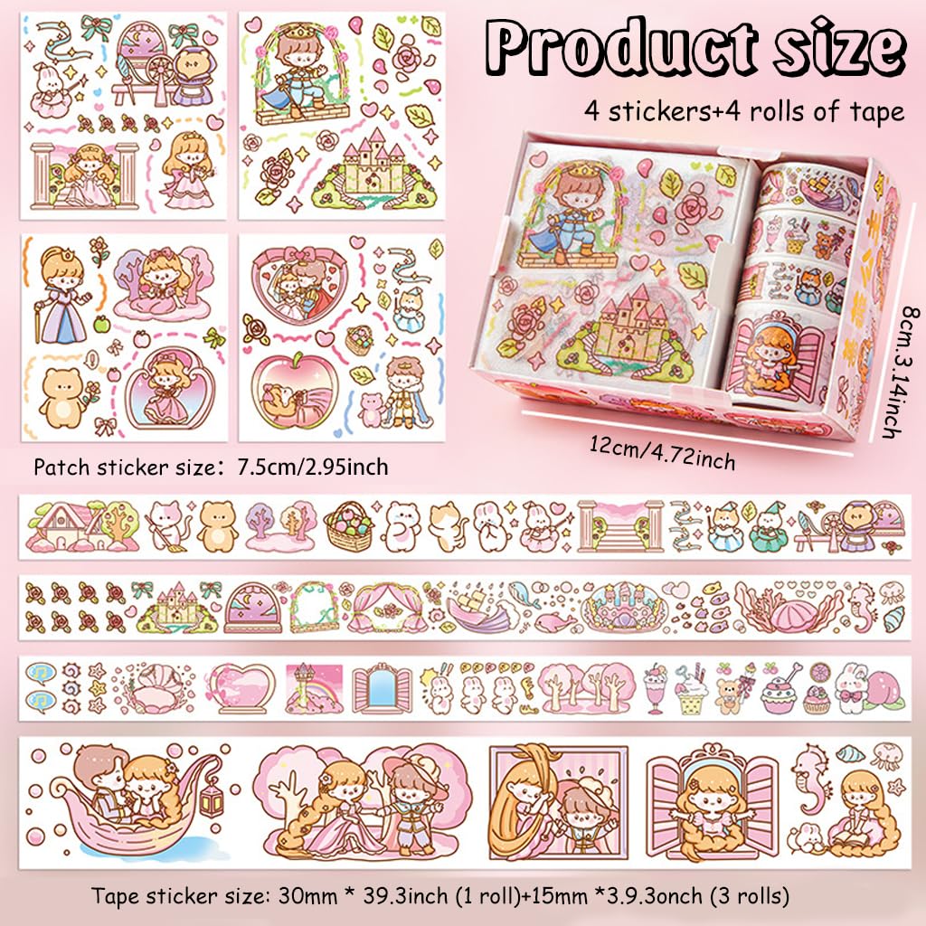 HASTHIP Scrapbooking Sticker Tape Set for DIY Art and Album Decoration with 4 Rolls and 4 Sheets | Cute Kawaii Cartoon Designs in Pink