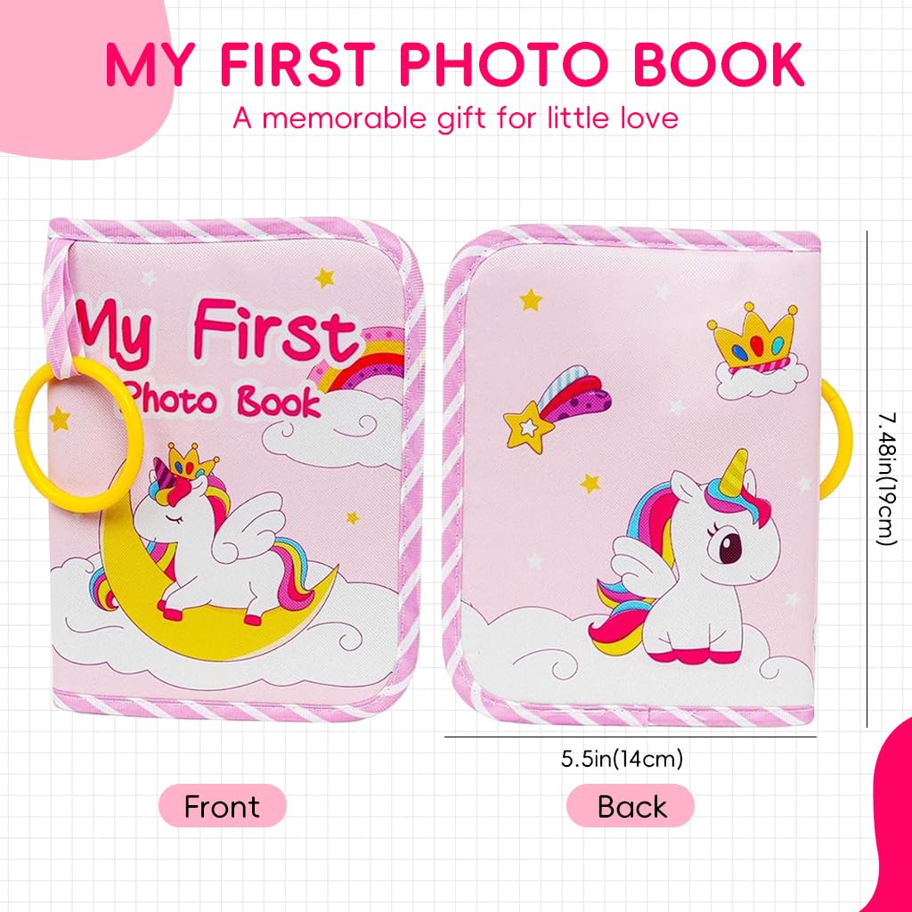 SNOWIE SOFT Baby Photo Album for 5/6 in Photos with 17 Pockets and Open Ring Design | Unicorn Memory Book for Sensory Learning