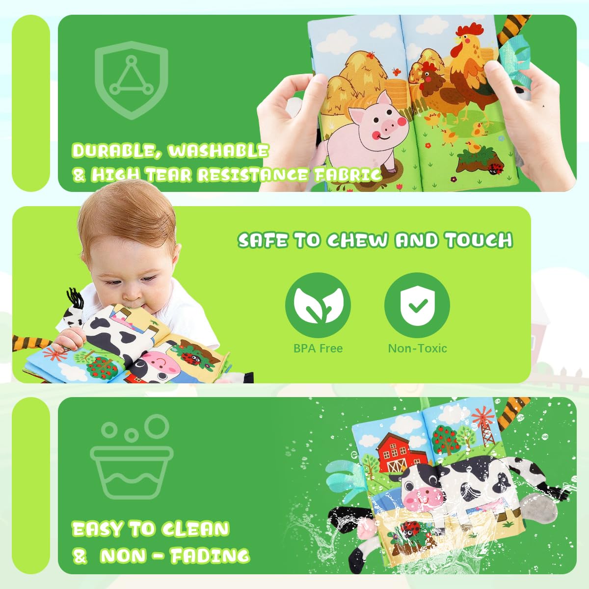 SNOWIE SOFT Farm Theme Cloth Books for Babies with 12 Textured Animal Tails | BPA-Free Sensory Toy