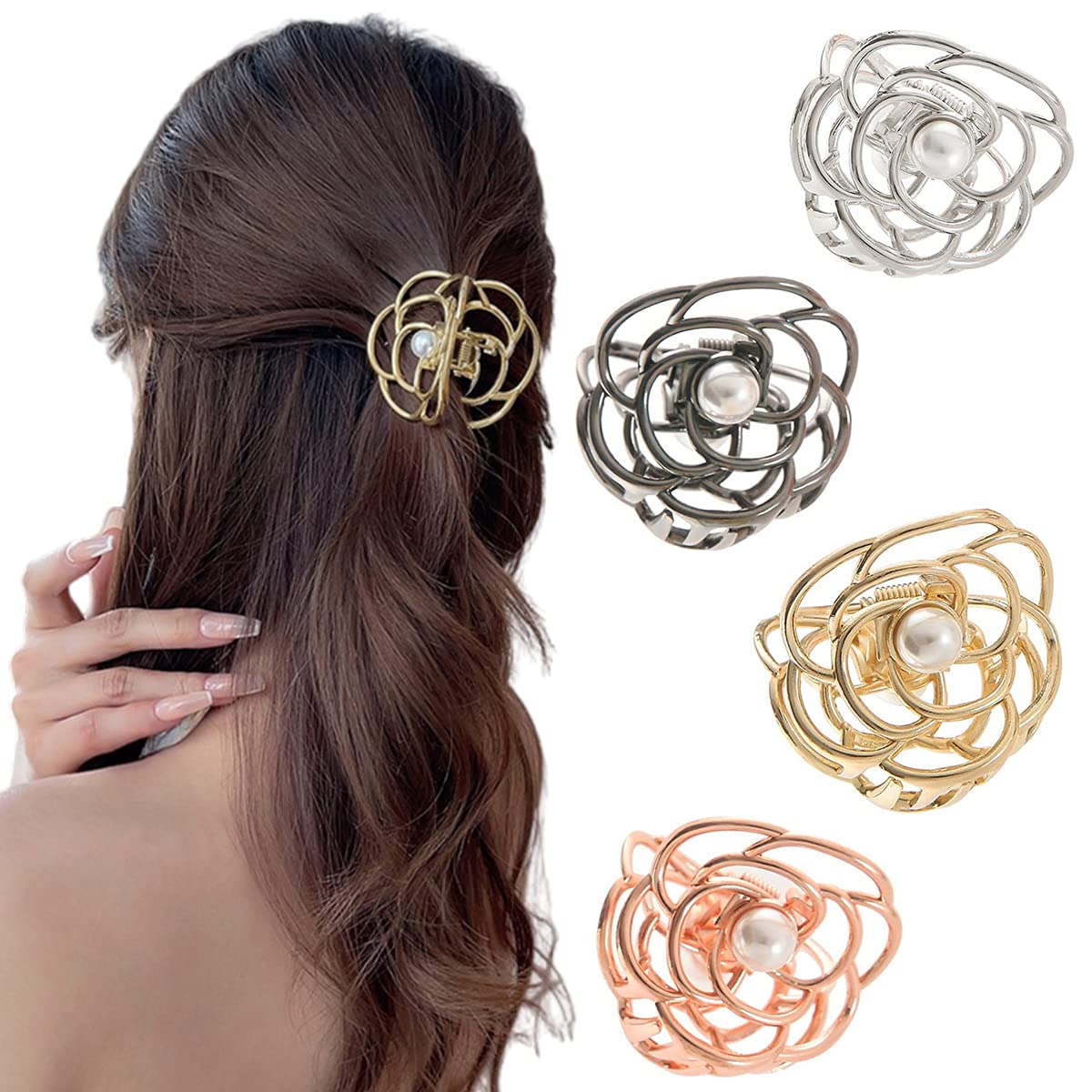 PALAY® 4 Pcs Small Hair Clips for Women Stylish Latest Rose Flower Metal Hair Claw Clips, 1.4 Inch Cute Pearl Gold Silver Jaw Clamp, Nonslip Fancy Horsetail Clip Hair Accessories Girls Gift