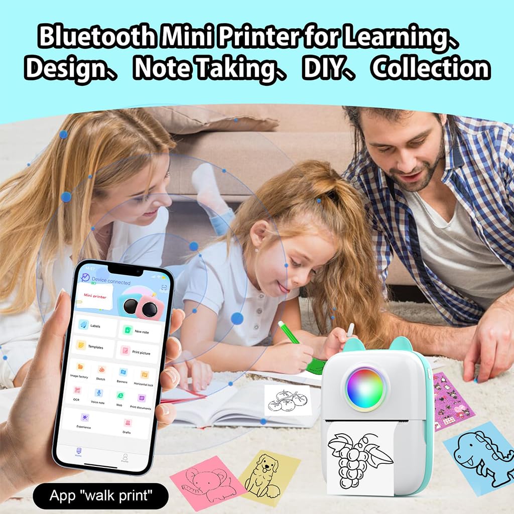 ZEITEL Mini Bluetooth Thermal Printer for Android and iOS with 15 Rolls Paper | 200DPI Inkfree Printing