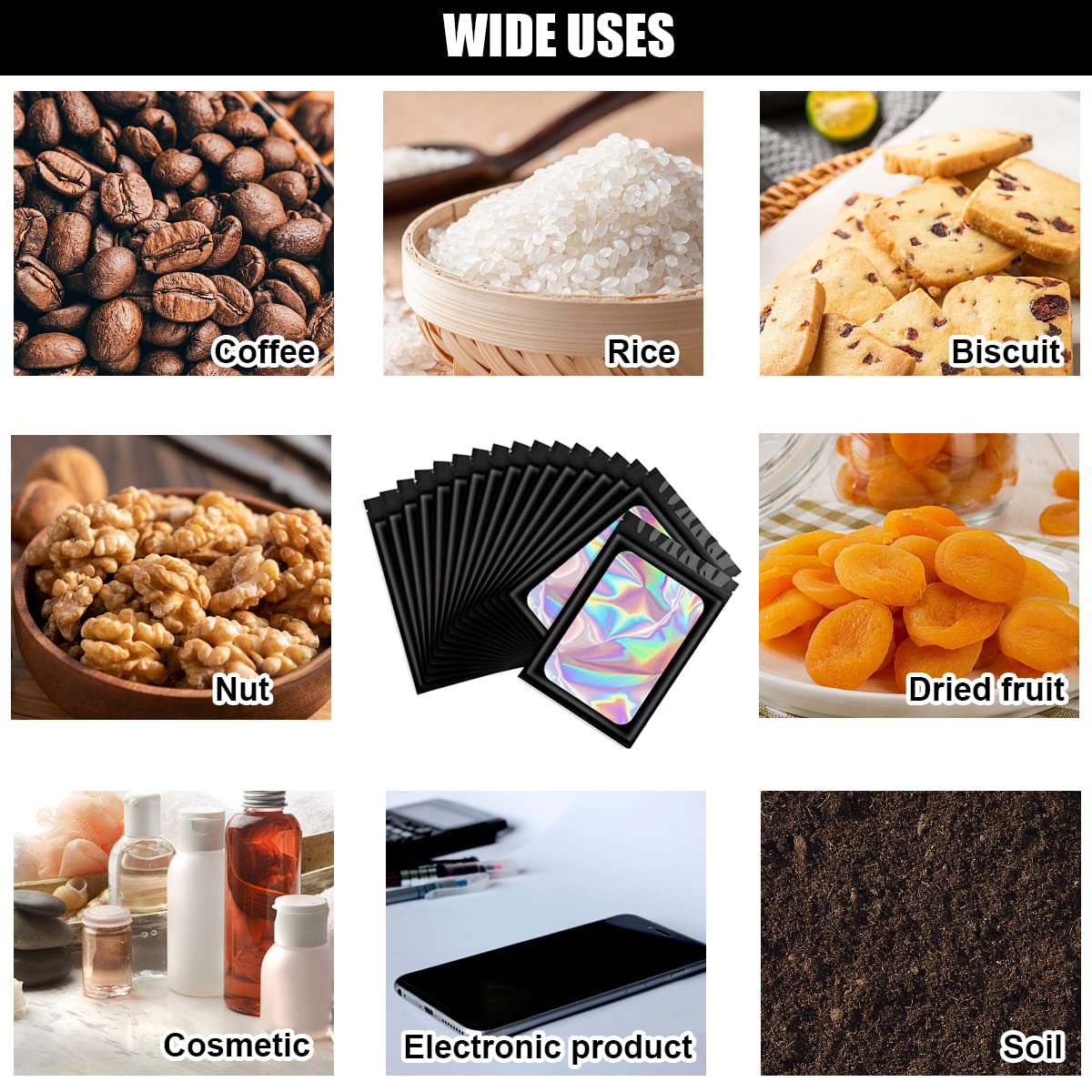 HASTHIP Smell Proof Mylar Bags for Food and Jewelry Storage with Ziplock Seal | 100 Pcs 10x18cm Black