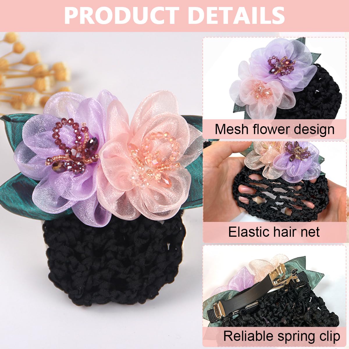 MAYCREATE Hair Bun Net Clip for Dancer and Nurse with Alloy Spring Clip and Fabric Flower | 2pcs Set