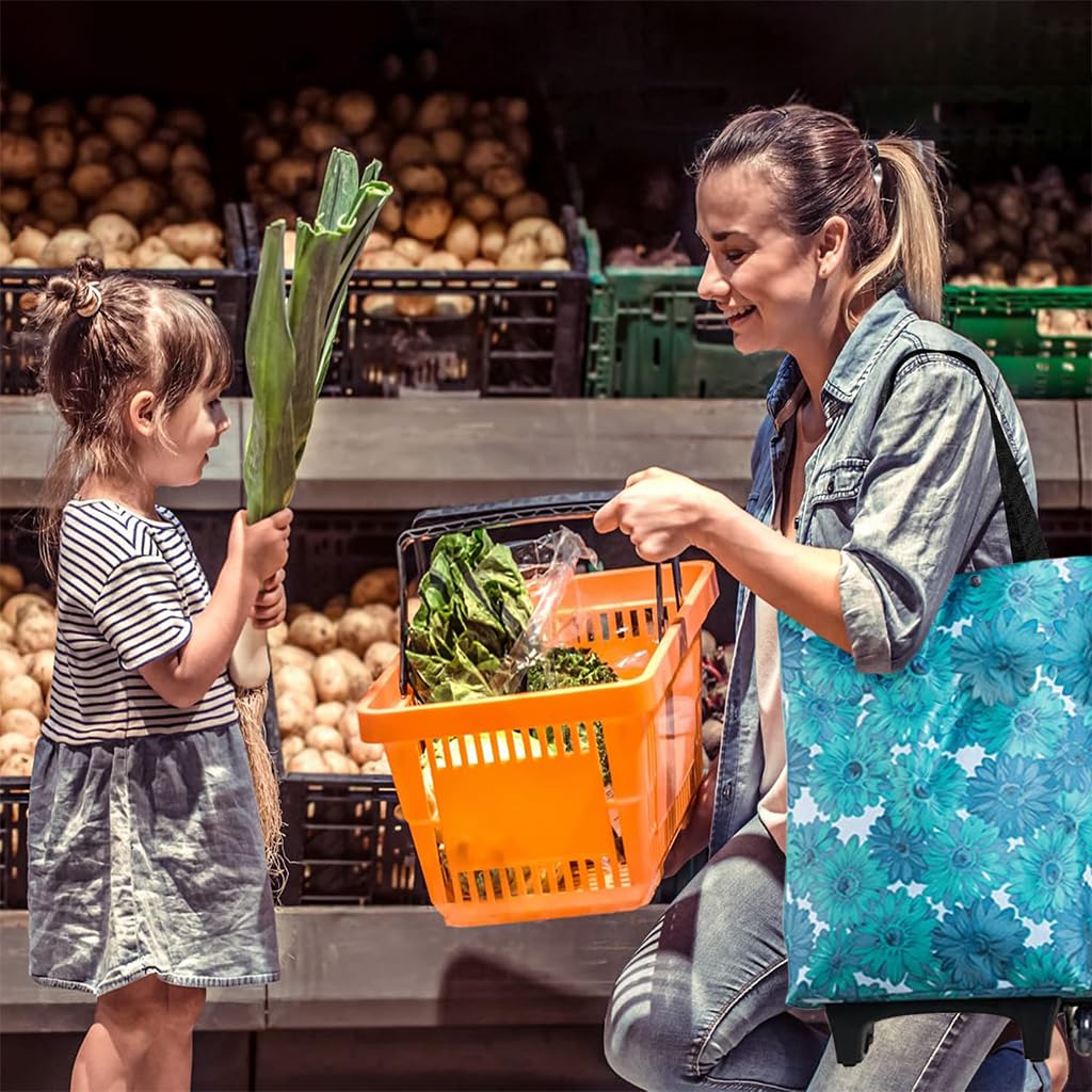 HASTHIP Portable Shopping Cart for Groceries with Wheels and Telescopic Handle | Foldable Waterproof Floral Bag