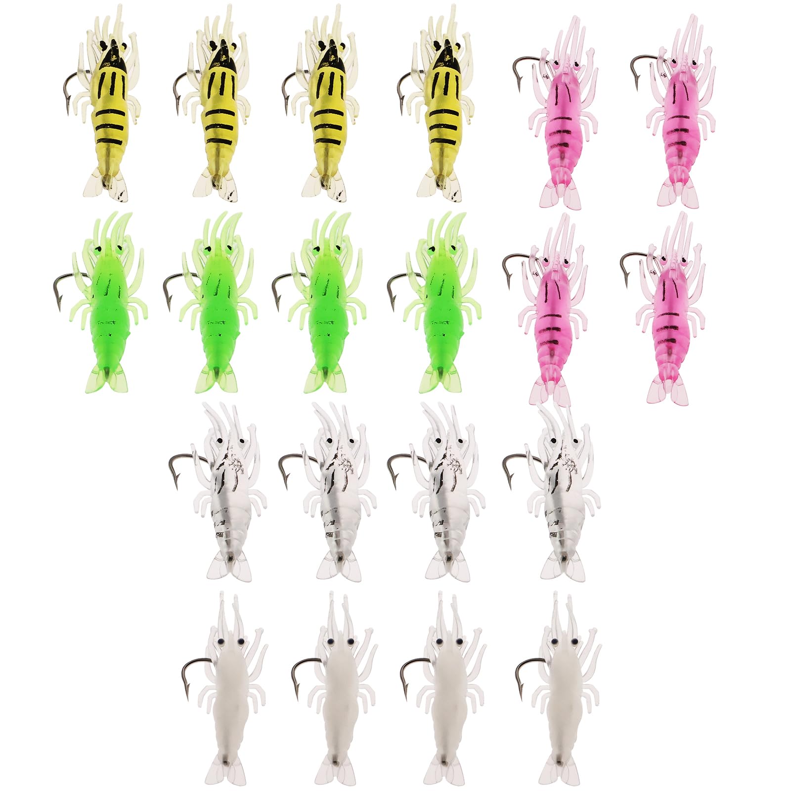 Proberos® 20 Pcs Shrimp Bait Hooks Soft Fishing Lure 3.5cm Simulation Prawn Lures for Trout Bass Salmon(Green Clear Luminous Yellow Pink)-Multicolor