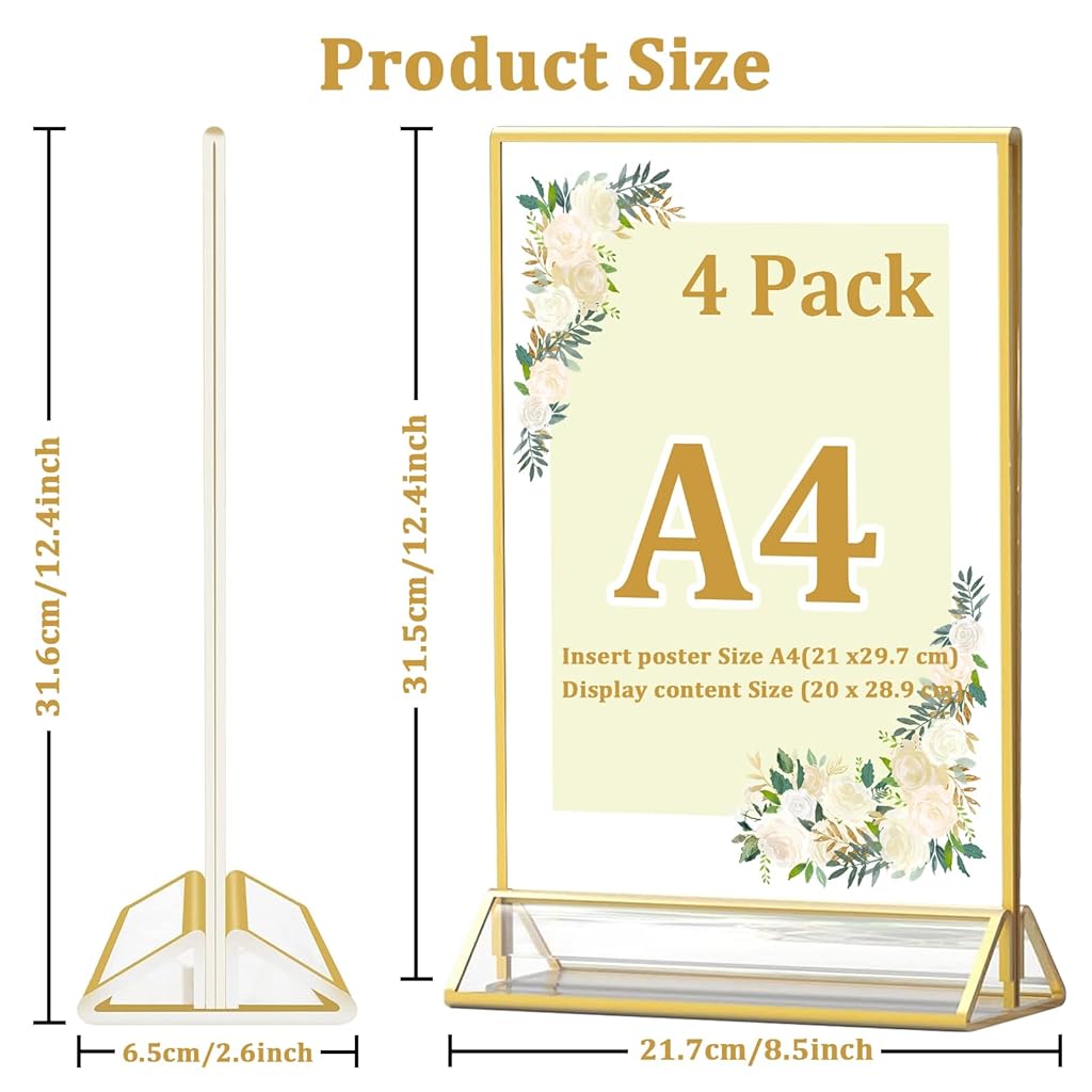 Climberty® 8PCS Acrylic Sign Holders A4 Sized Golden Framed Double Sided Clear Advertising Flyers Display Stand Table Menu