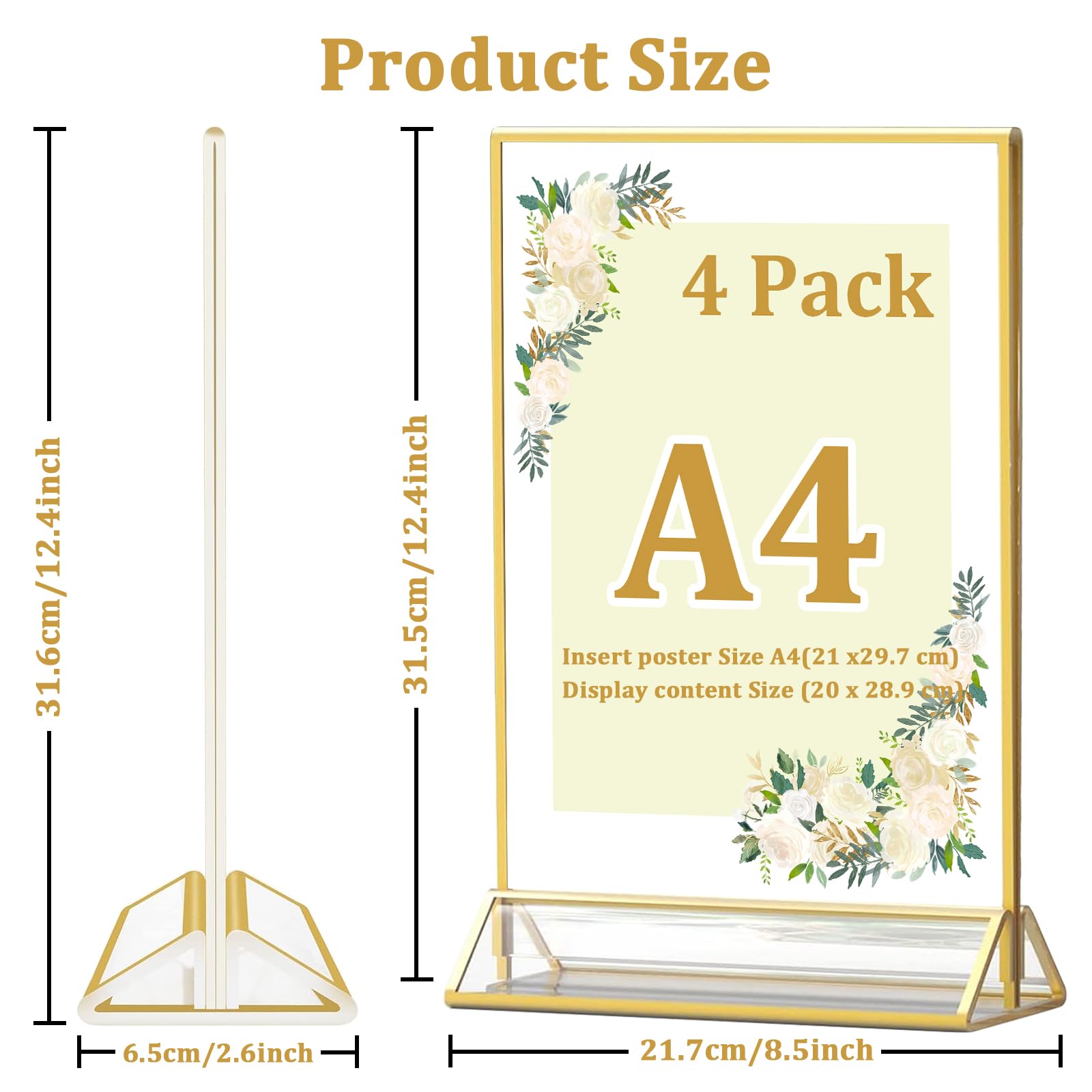 Climberty Acrylic Sign Holders for Table Menus with Stable Base 8pcs A4 Golden Frame | Clear Double Sided Display
