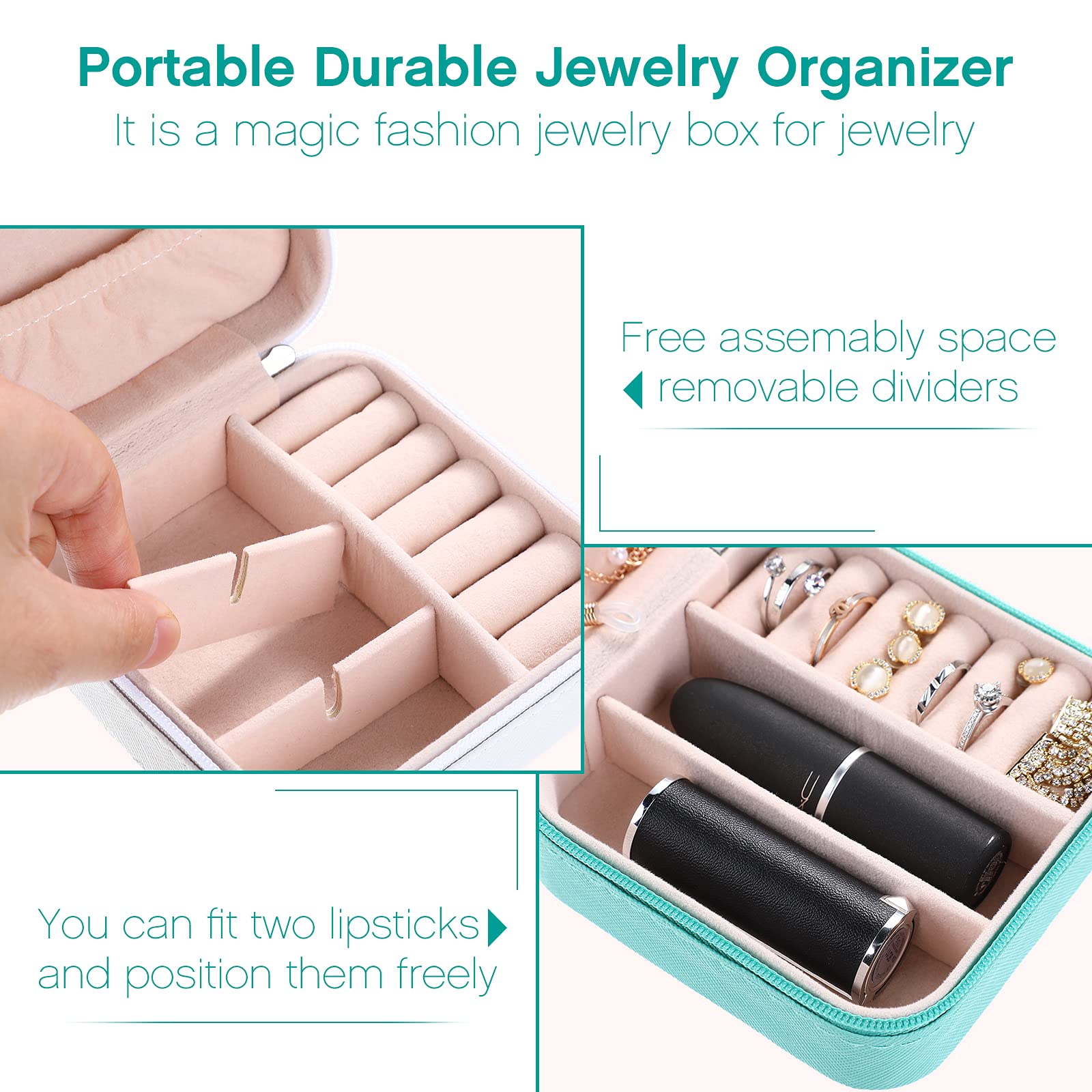 SANNIDHI Jewellery Box for Travel with 10×10×5cm Compartments featuring Safety Zipper | Mint Green PU Leather Organizer for Girls and Women