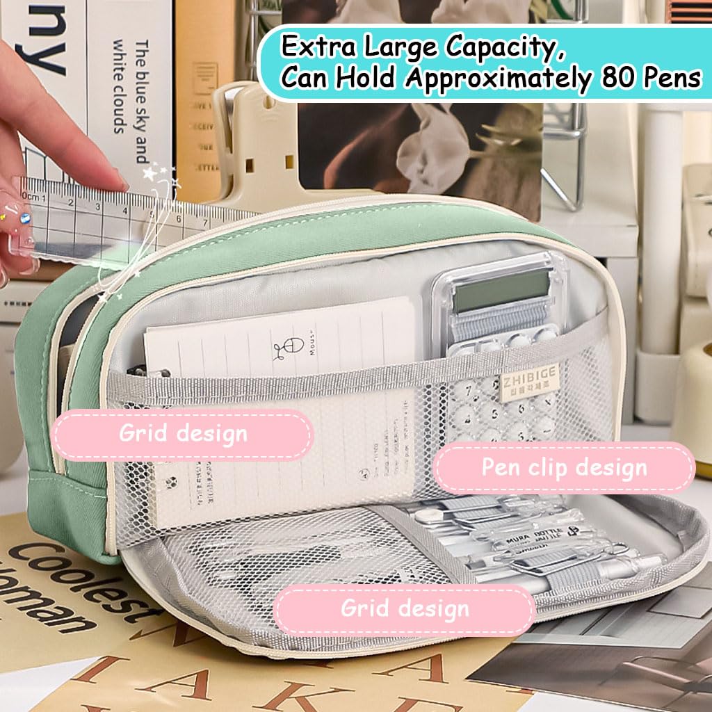 Zibuyu Pencil Pouch for School and Office with Double Layer Zip-Up Design | 21x11x7.5cm Green Canvas