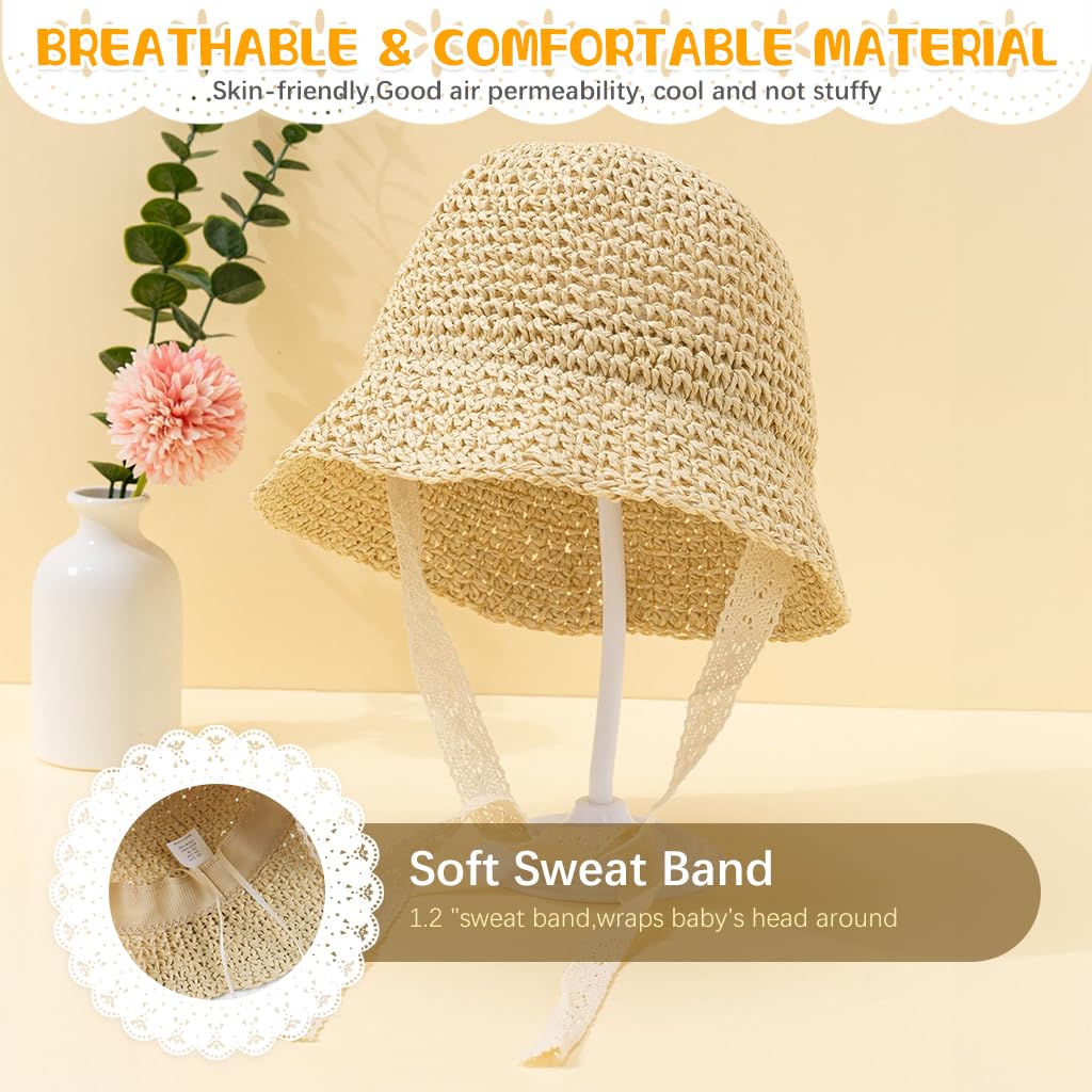 SNOWIE SOFT Baby Straw Hat for Summer with Lace Chin Strap and UPF 50+ | Beige for 6–24 Months