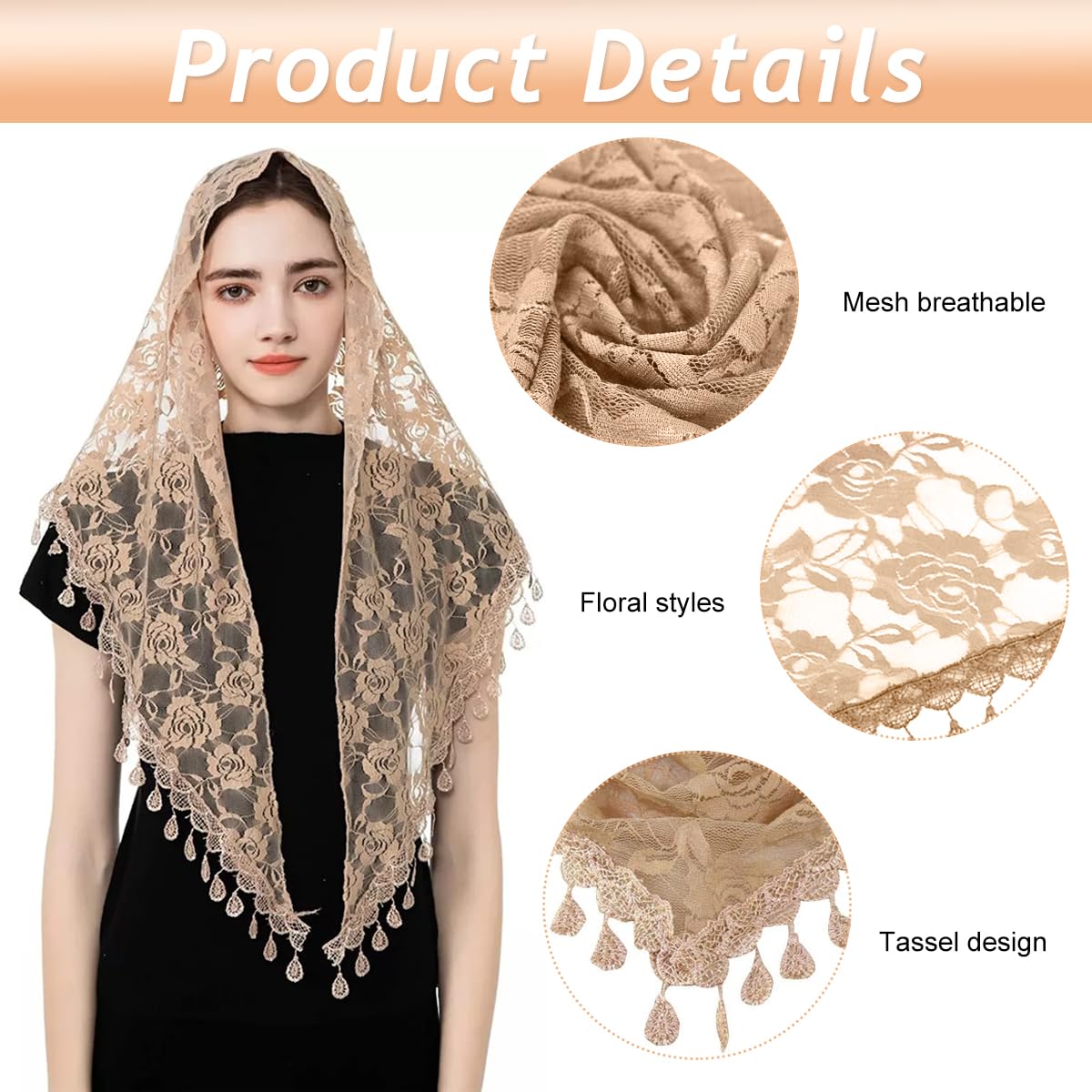 PALAY® Mass Veil for Women, Triangle Chapel Mantilla Lace Veil Shawl, Embroidery Rose Tassle Head Scarf Covering, Ladies Church Cathedral Headwear(Brown)