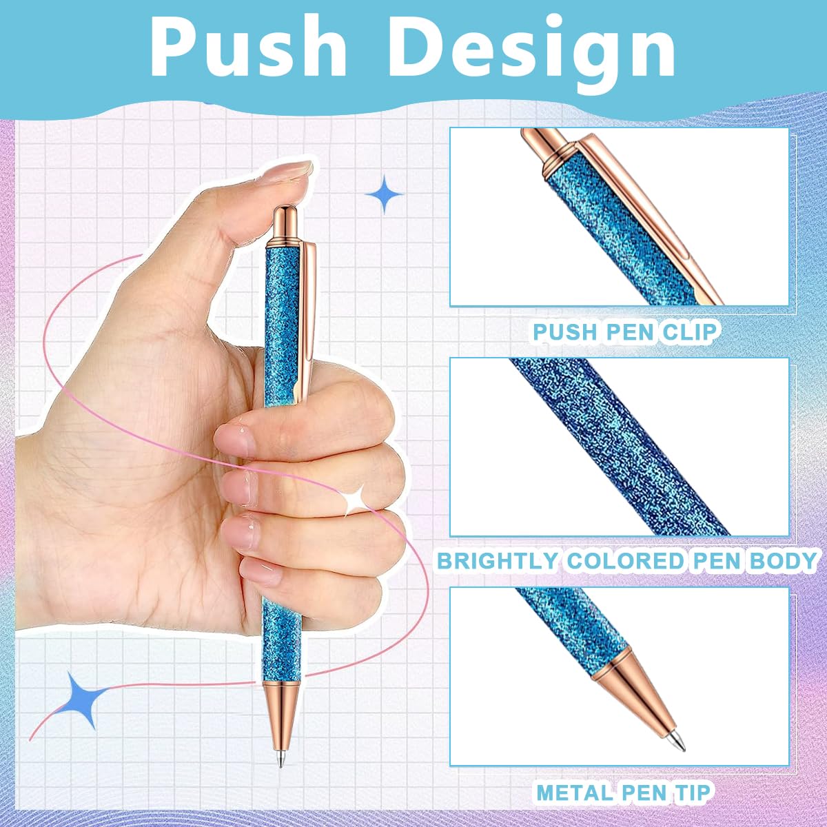 Climberty Ballpoint Pens Set for Journaling with 9 Designs and Crystal Glitter | Blue Metal Gifts for Women