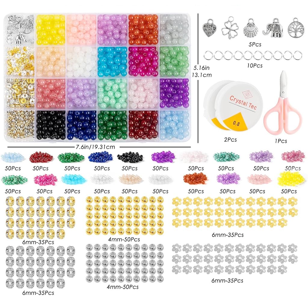 SANNIDHI 6mm Glass Beads for Bracelets 1258pcs, 20 Colors Crystal Beads for Jewelry Making Round Beads Bracelet Making Kit DIY Crafts with Spacer Beads & Charms