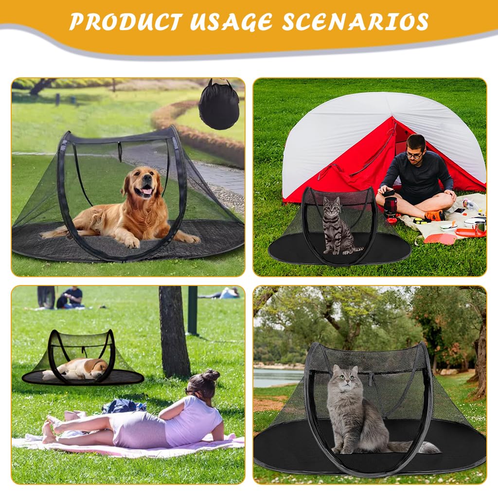 Qpets® Cat Tent, Pet Tent for Cat House Dog Bed Summer Mesh Cat Tent with Zipper Door, Foldable Outdoor Pop-out Pet Tent Breathable Sleep Dog Bed - 43.3 X 23.6 X 15 Inches, Black