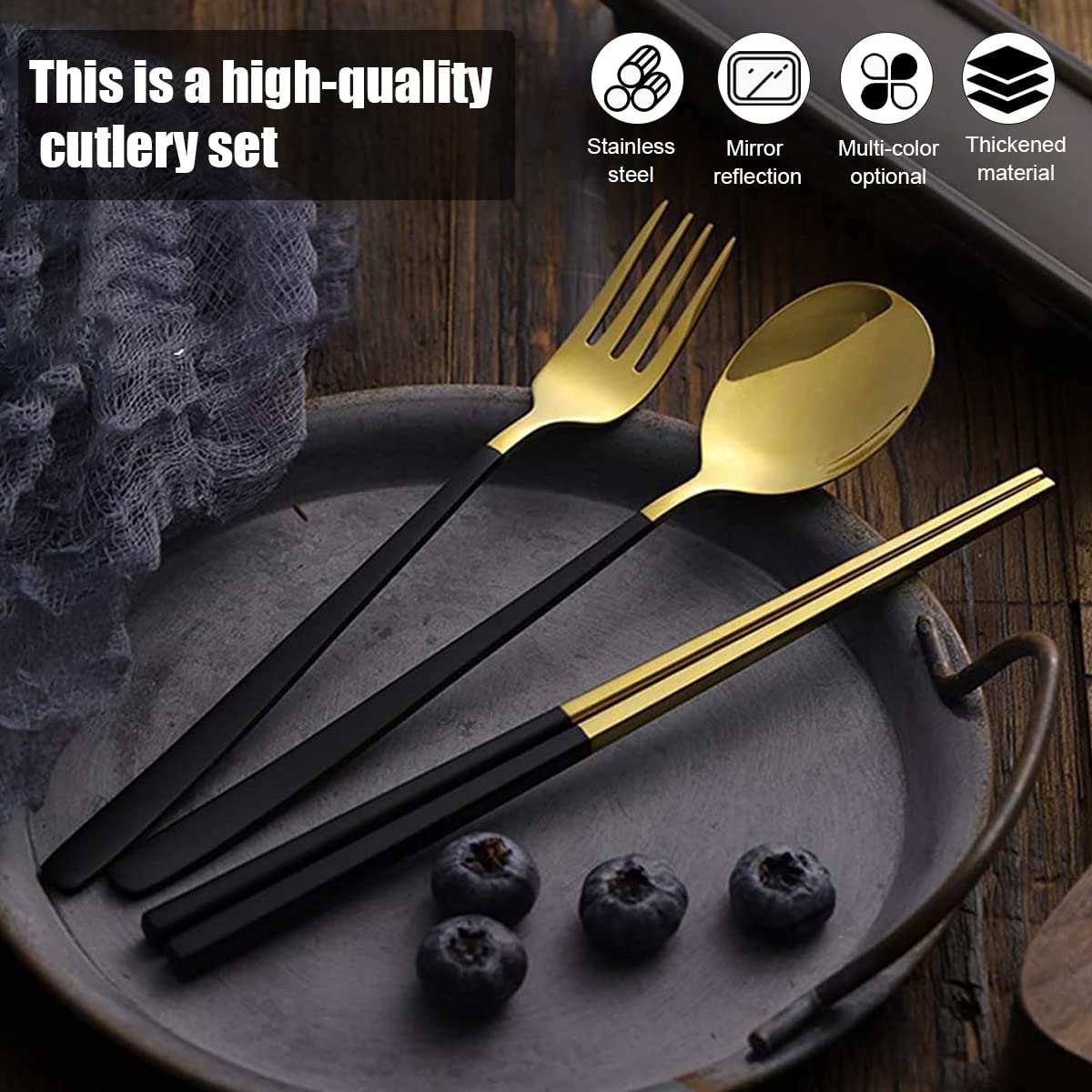 Supvox 410 Stainless Steel Knife Fork Spoon Chopstick Set, Portable Travel Utensil Flatware Sets with Case, 4Pcs Spoon Fork Knife Chopstick for Picnic Camping Travel & Outdoor Lunch (Black Gold)