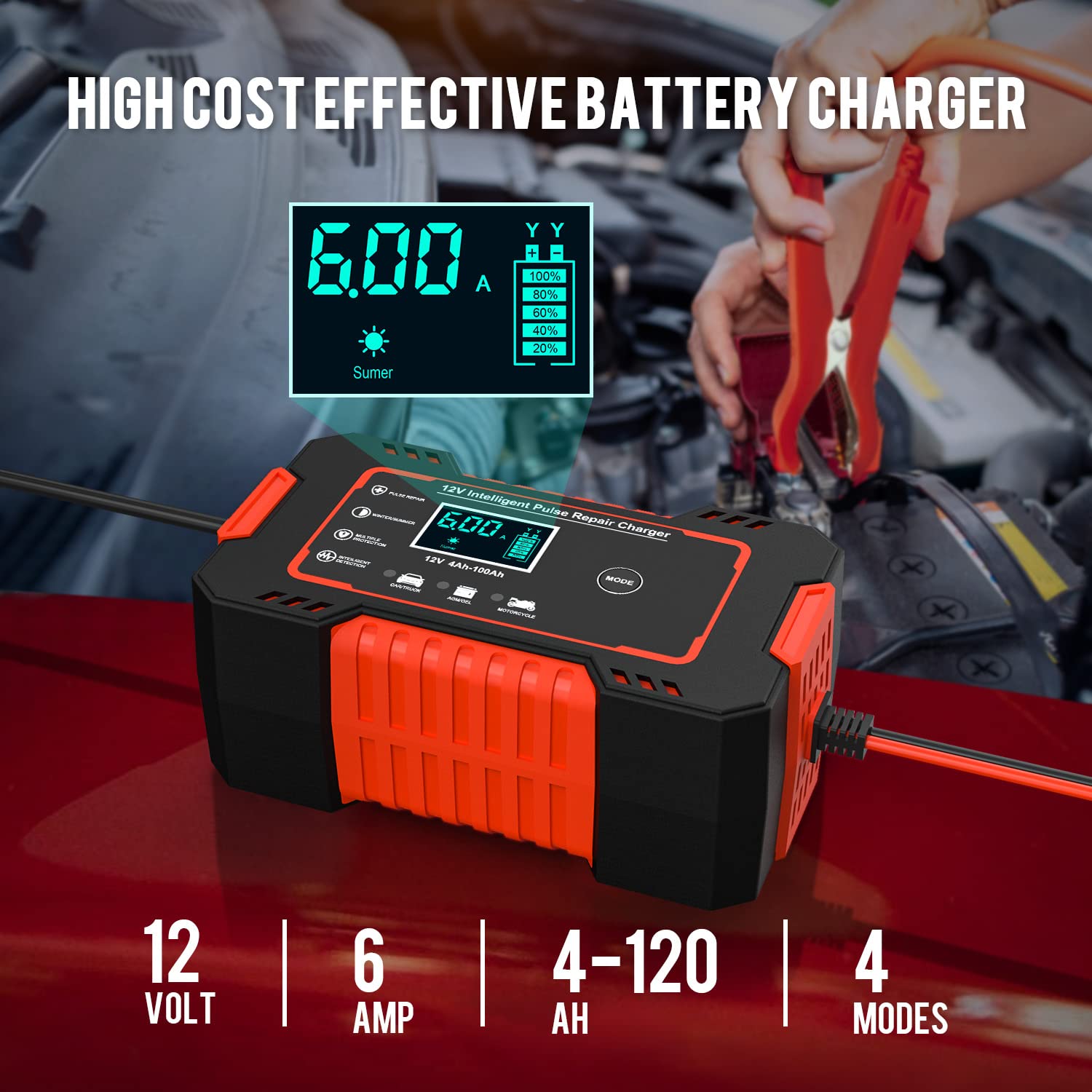 STHIRA Car Battery Charger, Smart Car Battery Charger 12V 6A Automatic, LCD 12V Pulse Repair Battery Charger, Battery Maintainer, Multi Protection Mechanism,Temperature Monitoring