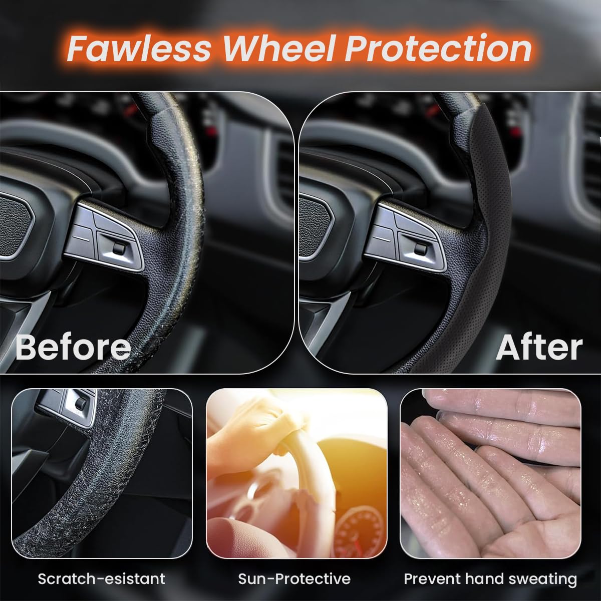 STHIRA Steering Wheel Covers for Car Safety with Partial Grip Design & Black Nappa Leather