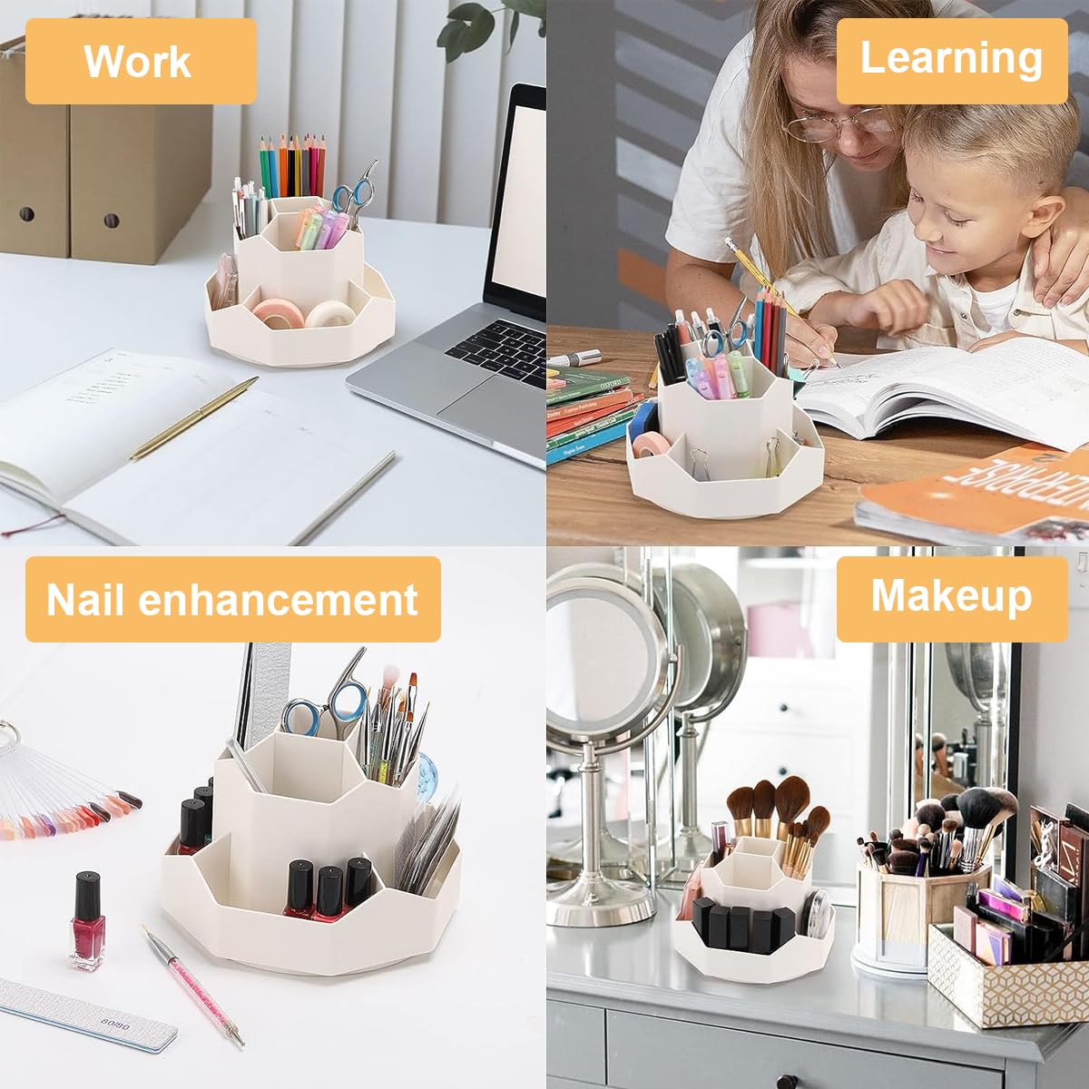 Climberty Pen Stand for Study Table with 9 Slots and 360 Degree Rotating Organizer | Beige Desk Storage for Office School Home