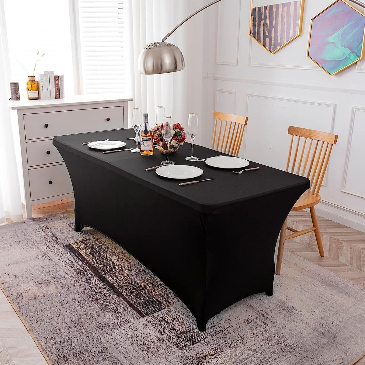 HASTHIP® 5.3ft Table Cloth Stretchy Table Cloth for Rectangular Table Oblong Table Fitted Events Stretch Black Table Cover for Party, Wedding, Cocktail, Banquet, 5.3ft x2.49x2.42 inches