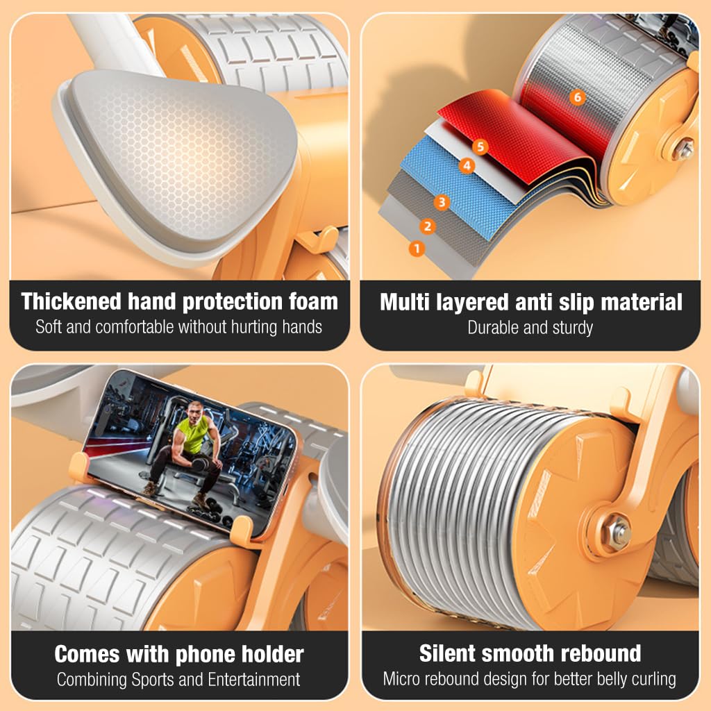 Proberos Ab Roller Set for Core Workout with Dual 10cm Wheels & Smart Timer | Home Fitness Equipment