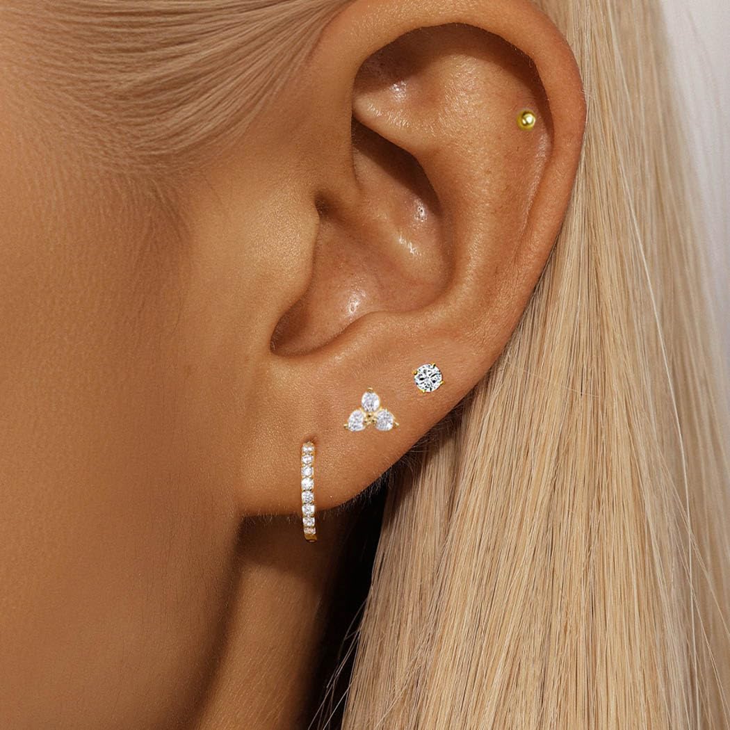 SANNIDHI Earring Sets for Women featuring 6 Pairs Gold Plated Studs with Rhinestones | Hypoallergenic Cubic Zirconia