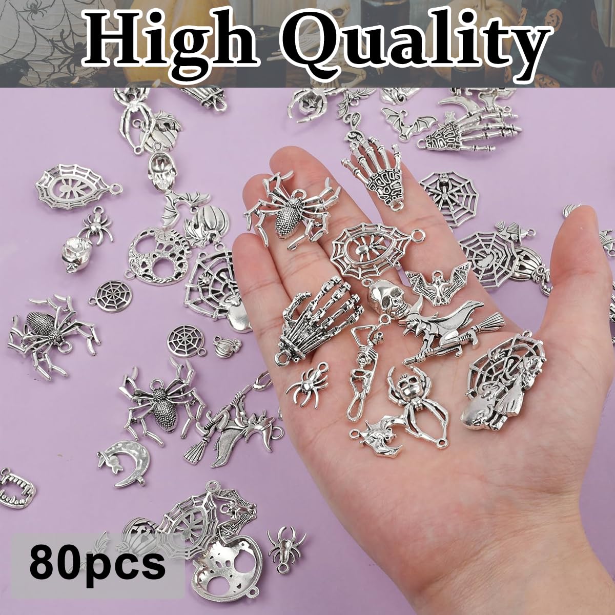 SANNIDHI Charms for Jewellery Making featuring 80pcs Alloy Silver Halloween Pendants | DIY Necklace and Bracelet Kit