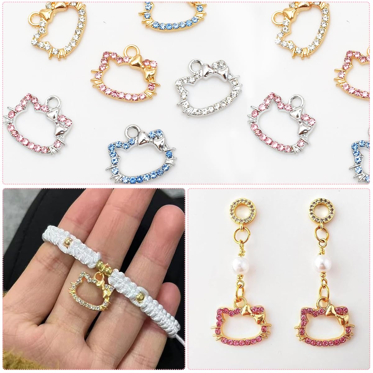 SANNIDHI Cat Charms for Bracelet Making featuring 12pcs Rhinestone Loop Pendants | DIY Jewelry