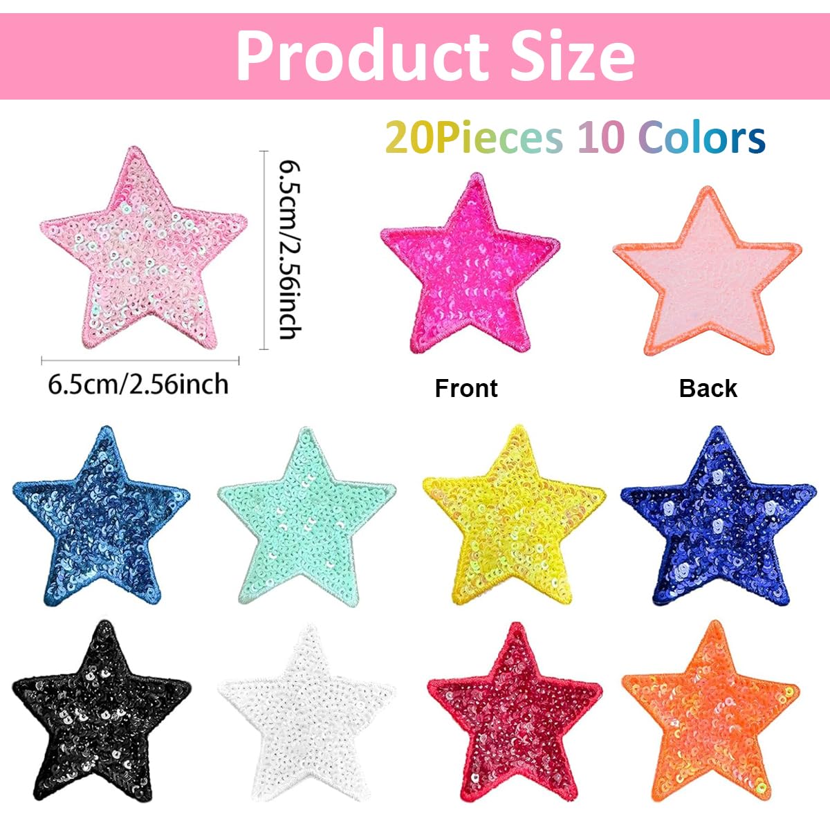 HASTHIP® 20Pcs Colorful Sequin Star Iron on Patches 10 Colors Shiny Sequin Star Patches Embroidery Sequin Patches 2.4 inches Sequin Star Iron on Patches for Clothes Hats Backpack Bag