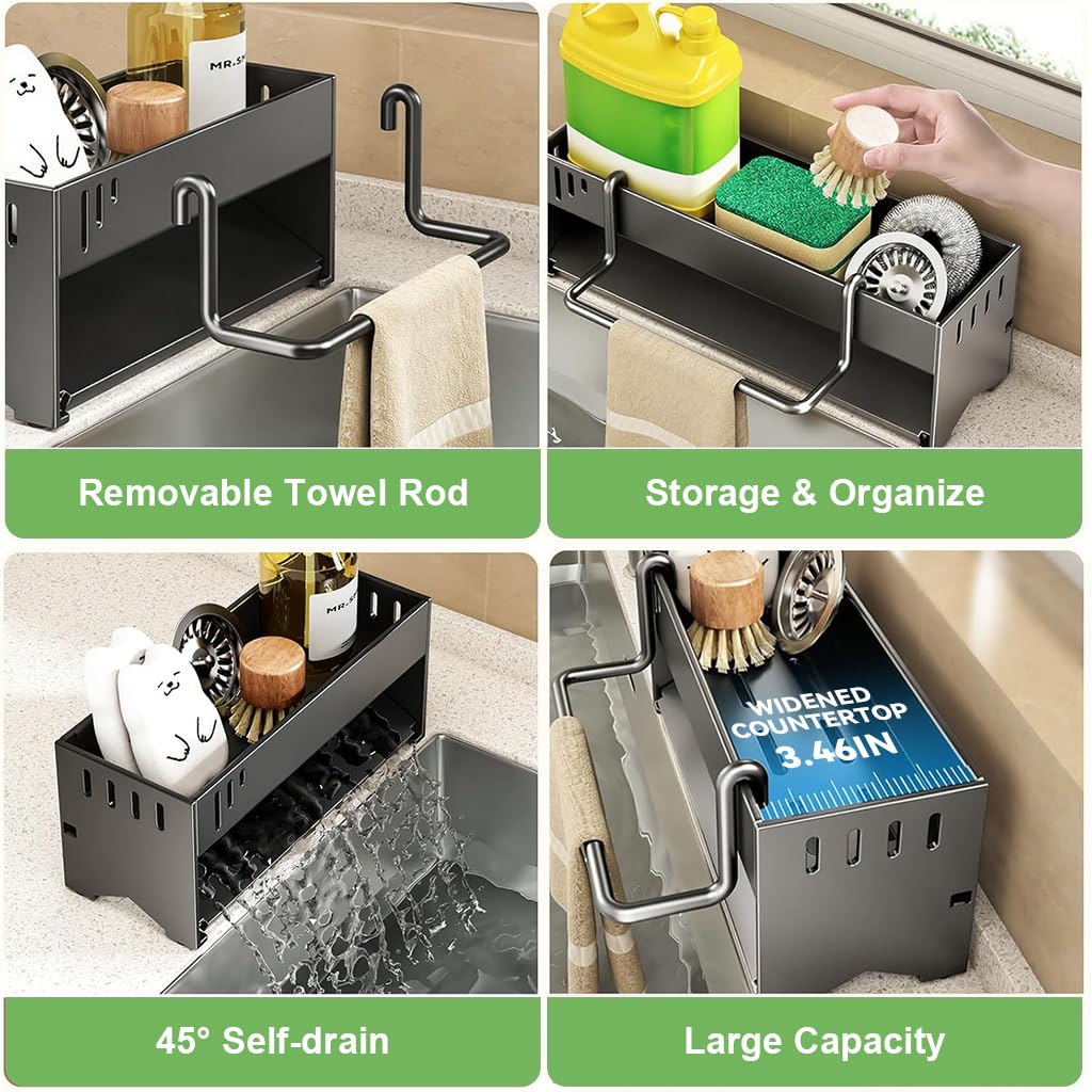 HASTHIP Metal Sponge Holder for Kitchen Sink with Water Guiding Panel & Towel Bar | 30.5x9.6x9 cm Stainless Steel Organizer