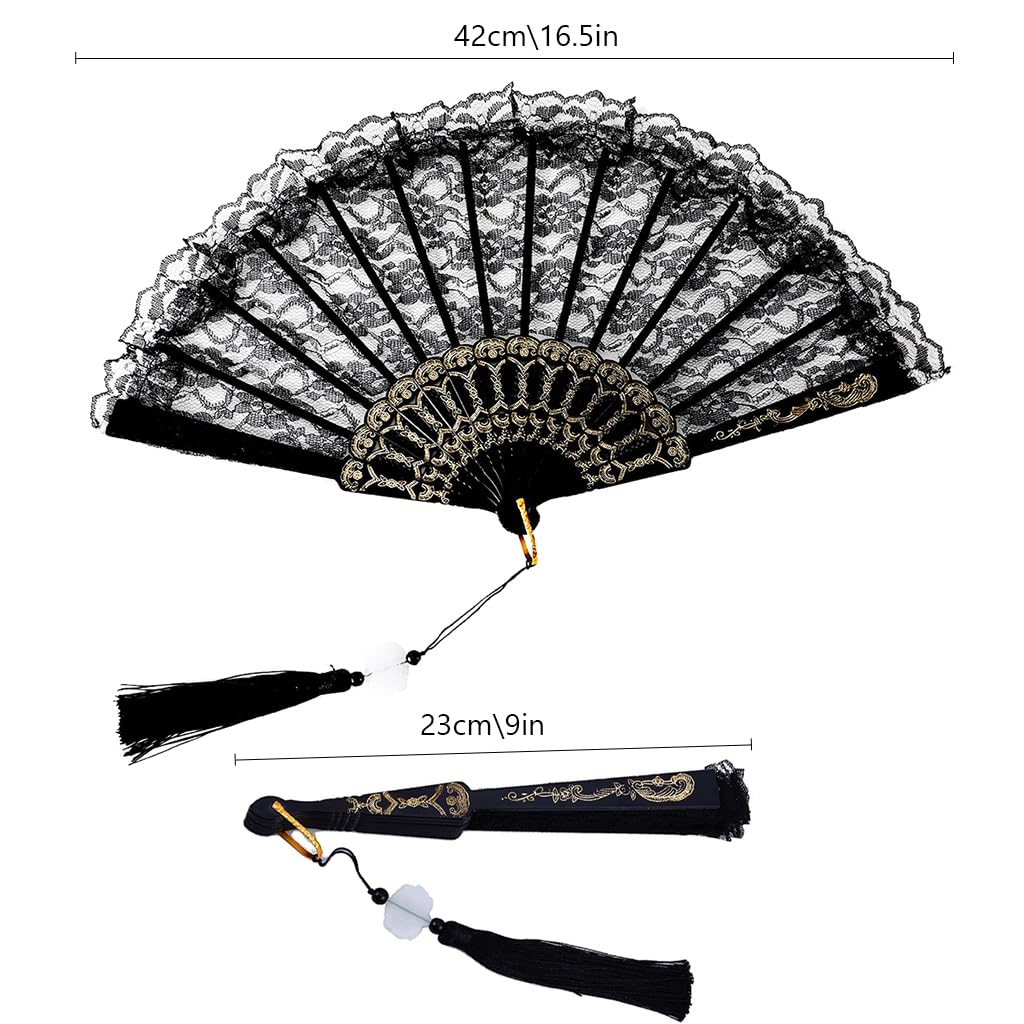 HASTHIP® Hand Fan Chinese Fan Hand Fan Black Lace Tassel Fan Chinese Fan Vintage Folding Hand Fan Gift for Ladies