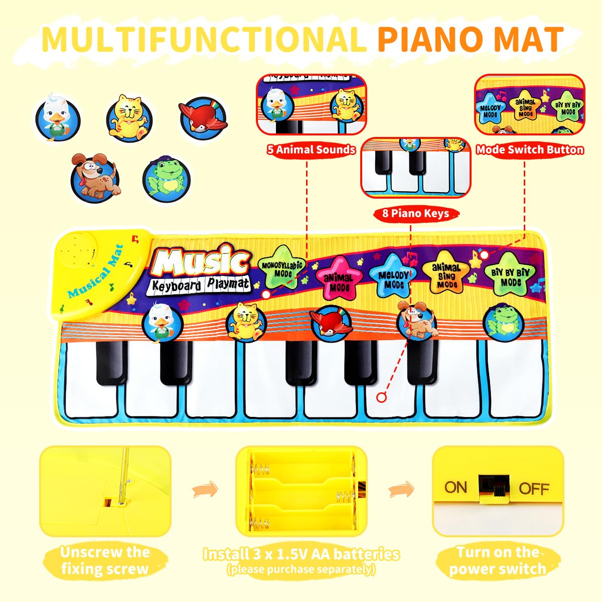 PATPAT Piano Keyboard Musical Mat for Kids with 8 Animal Sounds and 27.56x11.81in Size | Foldable Waterproof Play Mat for Early Learning