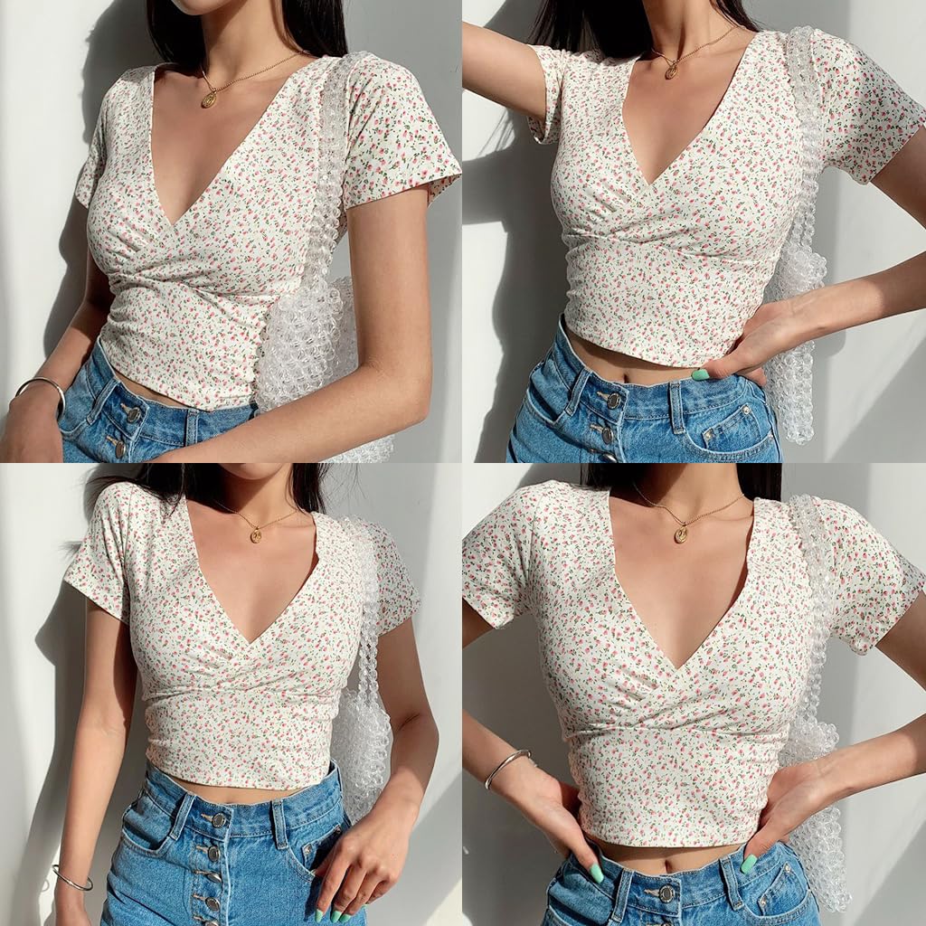 PALAY Women V Neck Floral Shirt for Summer Outings featuring Slim Fit and Dacron Fabric