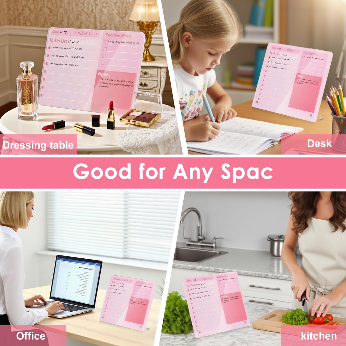 OFIFO Compact Desktop Dry Erase Board for Home and Office with 12x10 in Thickened Acrylic | Pink Memo Planner