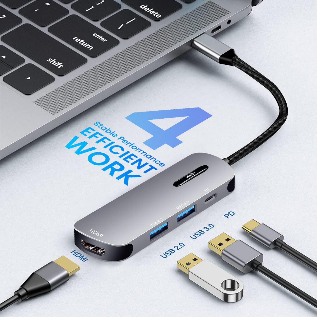 Verilux USB C Hub for Laptop with 4K 30Hz HDMI and 100W PD | Aluminum Alloy 20cm Cable