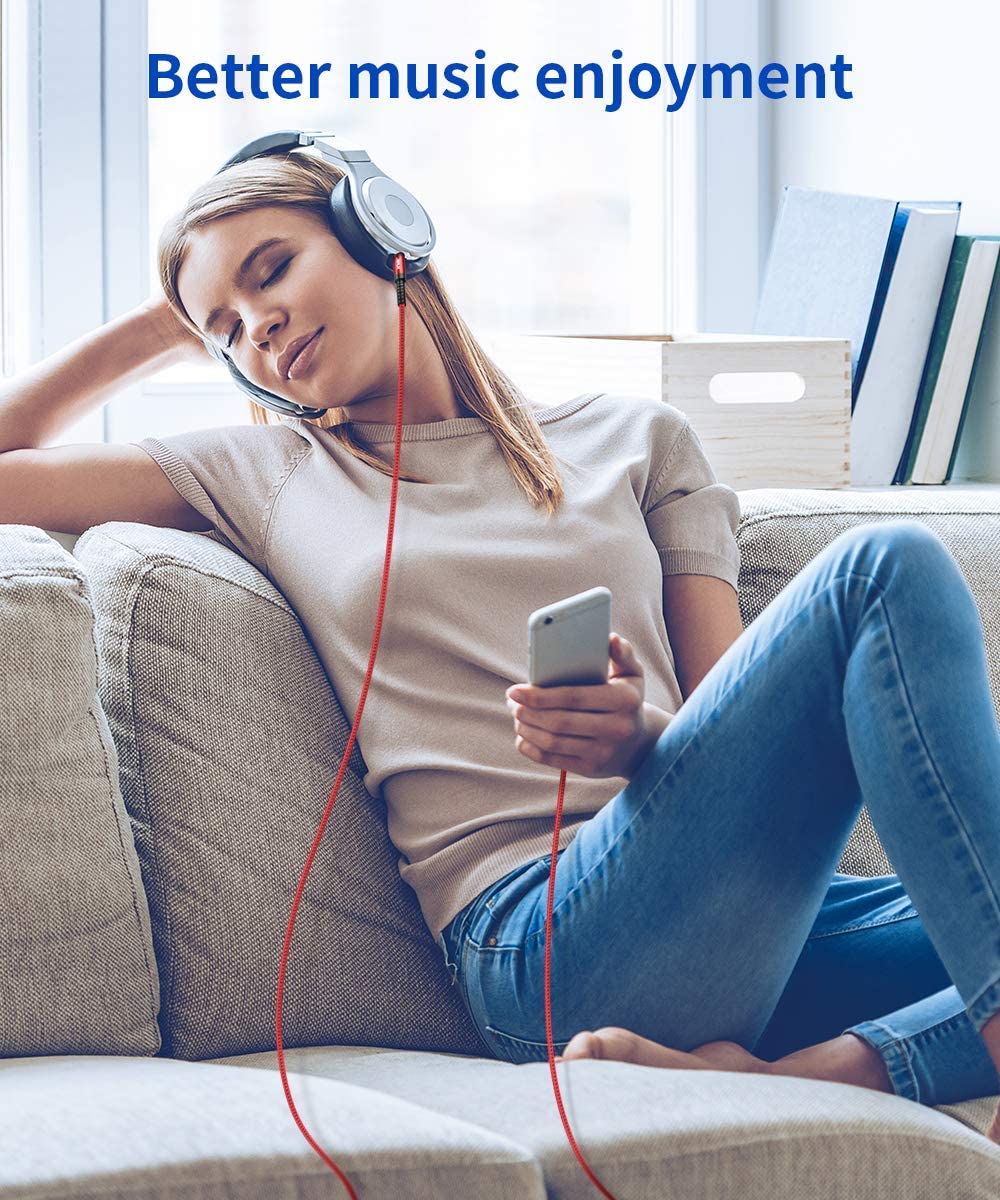 JSAUX Lightning to 3.5mm iPhone Aux Cable for Car & Headphones featuring Built in DAC | 6ft Nylon Braided Red