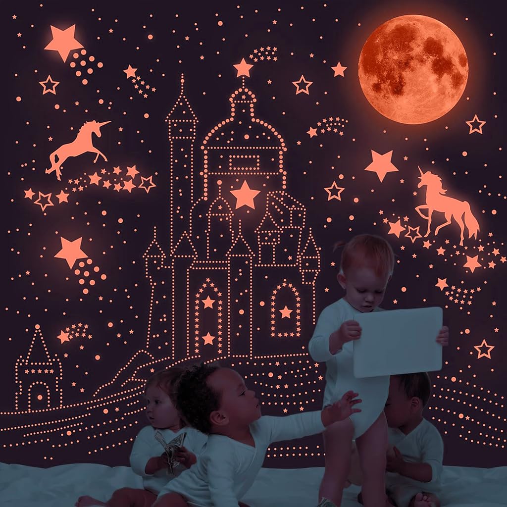 HASTHIP Glow in The Dark Unicorn Wall Decals for Kids Room with 893 Stickers | Luminous Pink Moon and Stars Decor