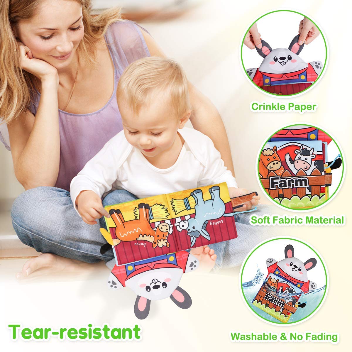 SNOWIE SOFT Baby Soft Cloth Book for Toddlers with Hand Puppet featuring Farm Animals | Touch and Feel Fabric Learning Toy