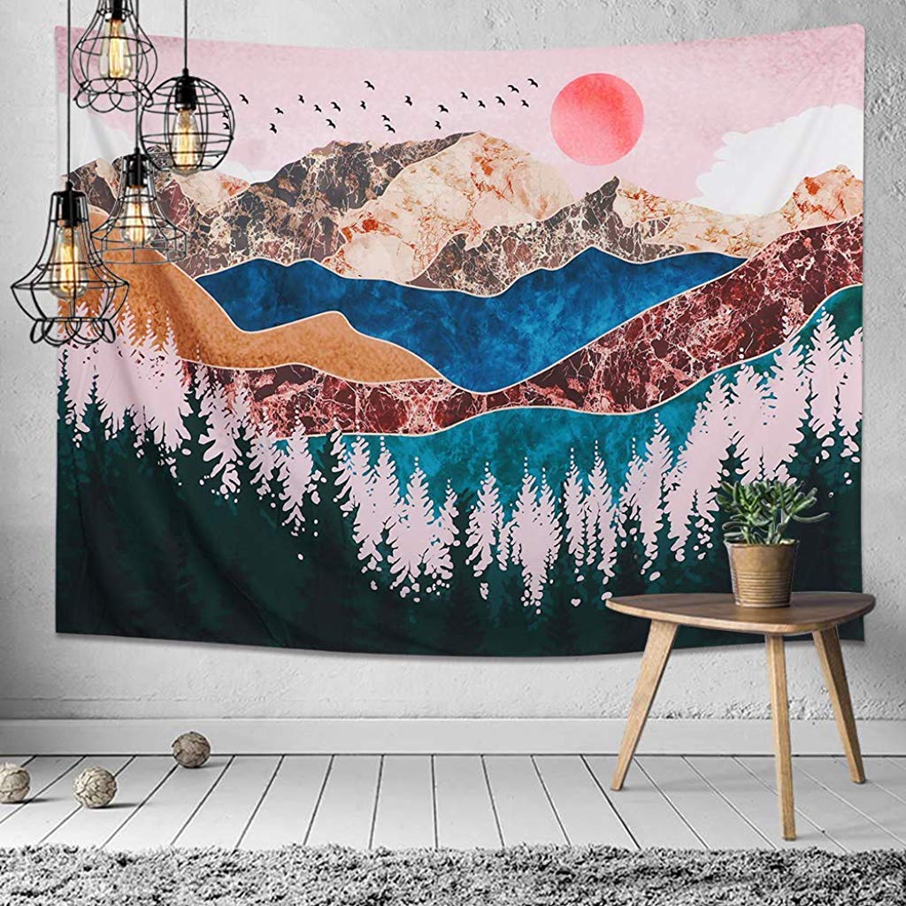 Supvox® Sunset Forest Tree Mountain Tapestry Wall Hanging Psychedelic Nature Landscape Tapestry Wall Art Tapestry Bed Cover Wall Hanging for Bedroom (51X59inches)