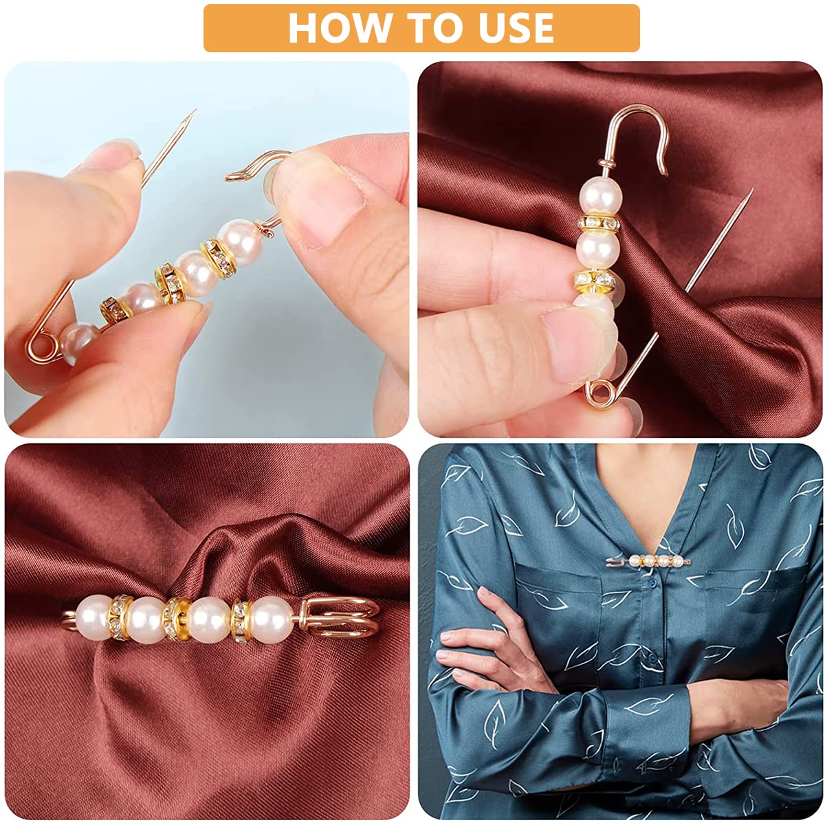 SANNIDHI Pearl Brooch Safety Pins for Women with Alloy and Rhinestone Design | 17 Pieces