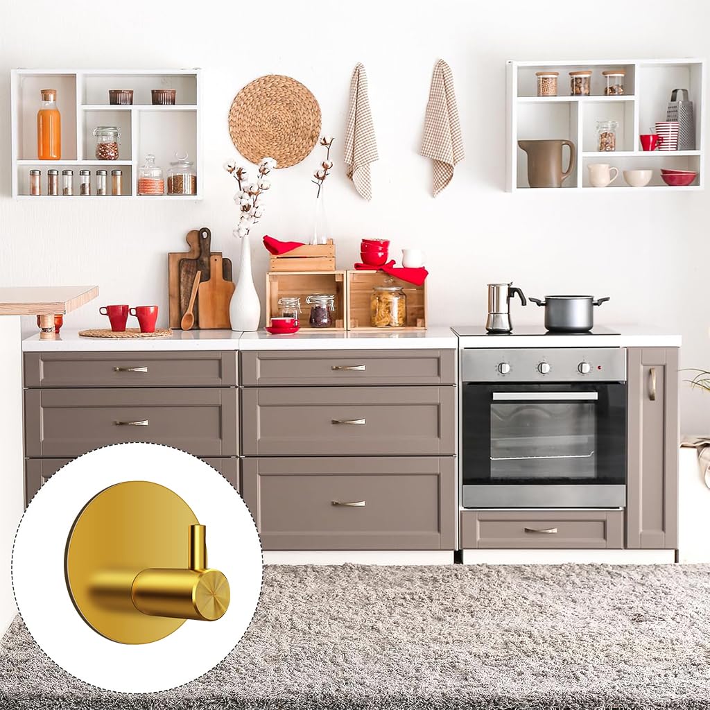 HASTHIP Self Adhesive Wall Hooks for Bathroom and Kitchen featuring 4pcs 0.5 in Golden Stainless Steel | Waterproof Rustproof Utility Hooks