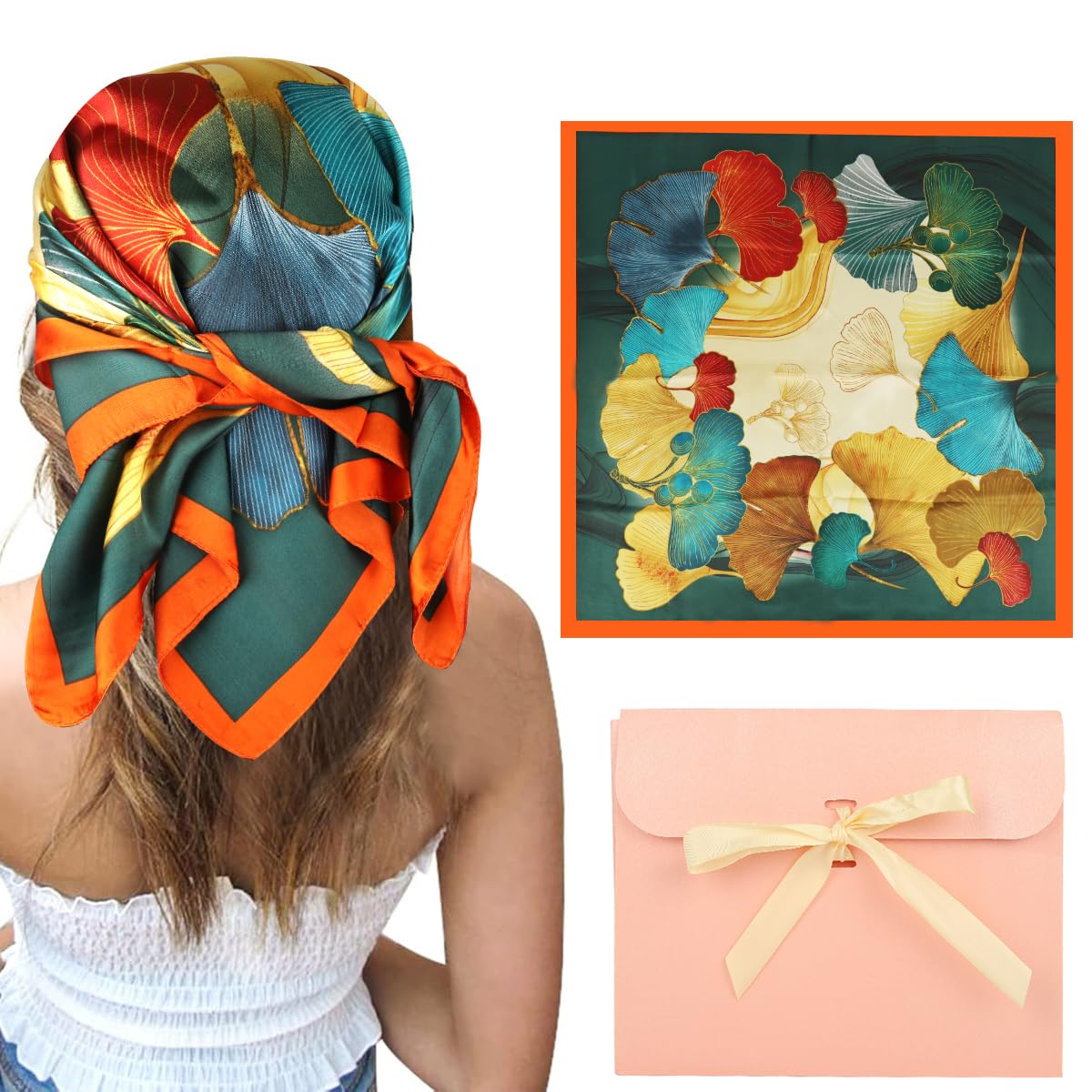 SANNIDHI Silk Hair Scarf for Women featuring Ginkgo Print 27x27 in Square Satin Wrap | Elegant Neck and Handbag Accessory