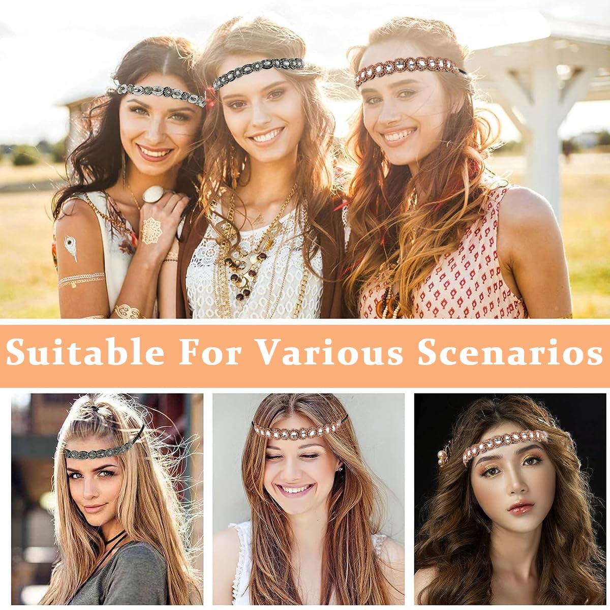 PALAY Beaded Headband for Women featuring Crystal Rhinestones and Elastic Strap | 6PCS Set