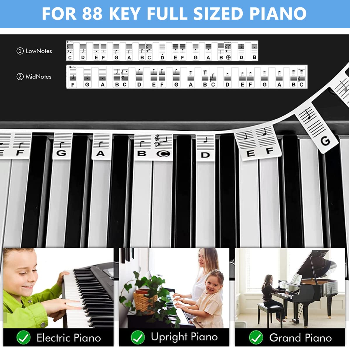 HASTHIP Silicone Piano Keyboard Labels for 61 Key Digital Piano with Removable Design | Practice Note Guide for Beginners