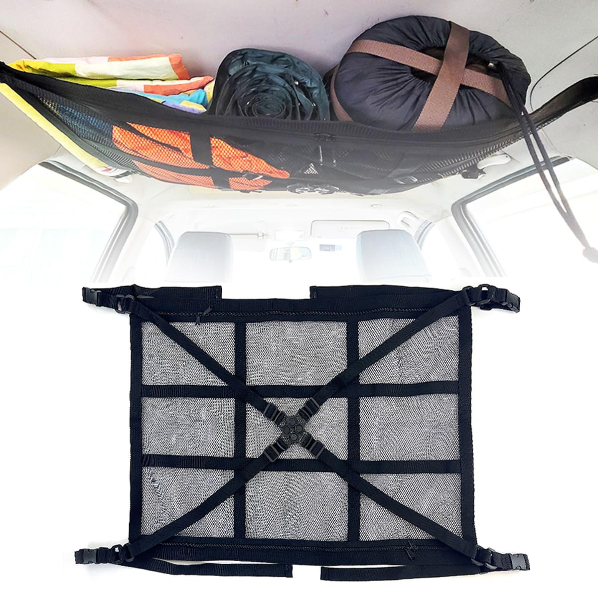 STHIRA® Car Organizer Bag Car Ceiling Storage Net Dual Opens Ceiling Storage Net Universal Car Ceiling Storage Net for Wagons, Vans SUVs, Car Ceiling Storage Net for Road Trip, Daily Commutes